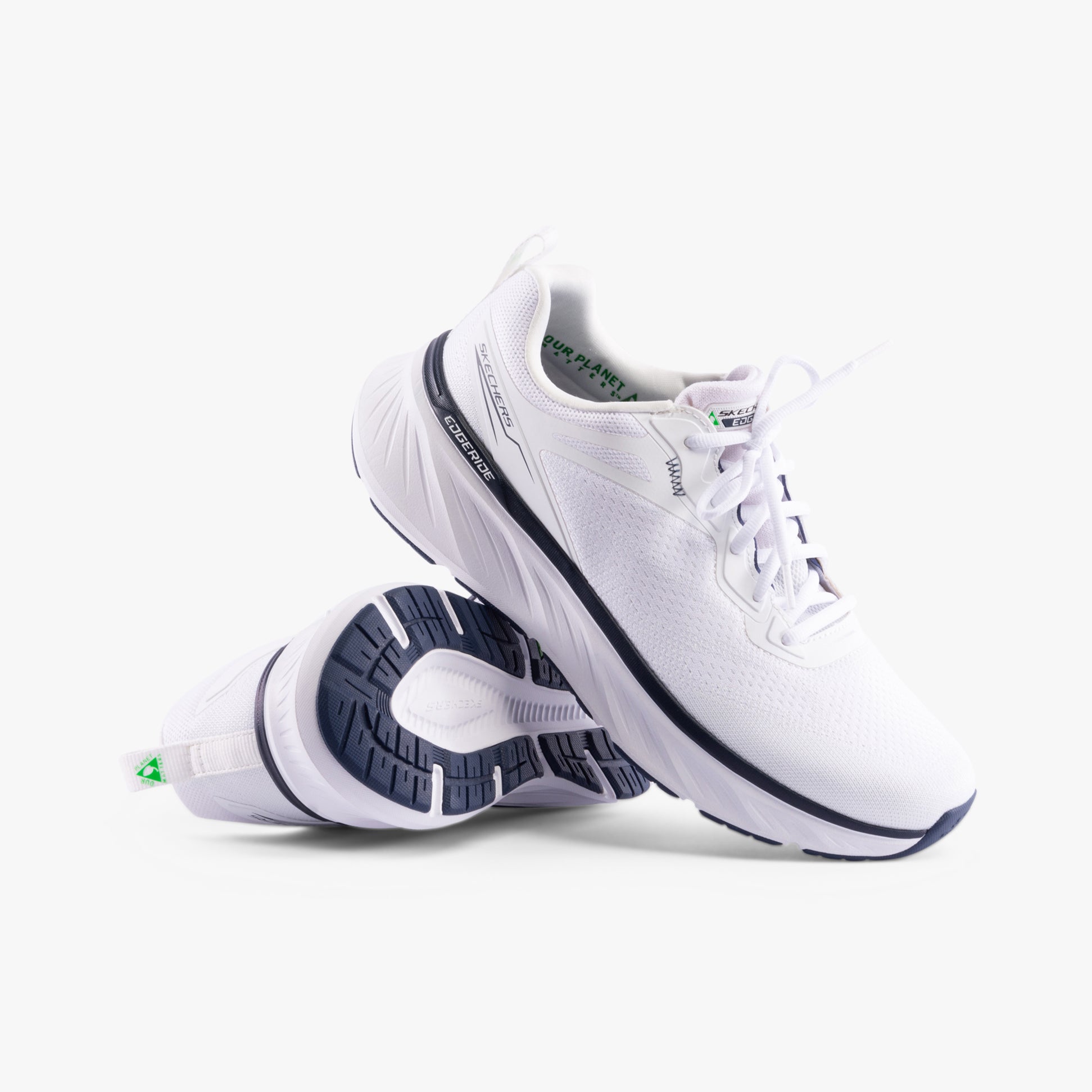 Skechers 232836/WNV EDGERIDE - EXXO Mens Trainers White/Navy side view, showcasing lace-up design and rubber sole.