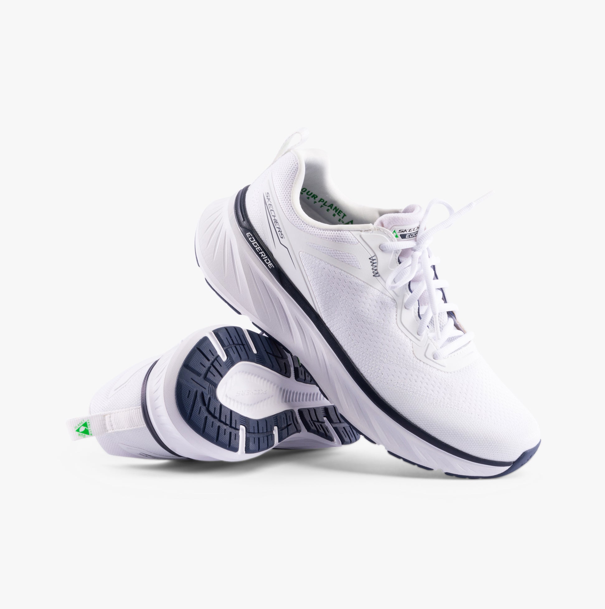 Skechers 232836/WNV EDGERIDE - EXXO Mens Trainers White/Navy side view, showcasing lace-up design and rubber sole.