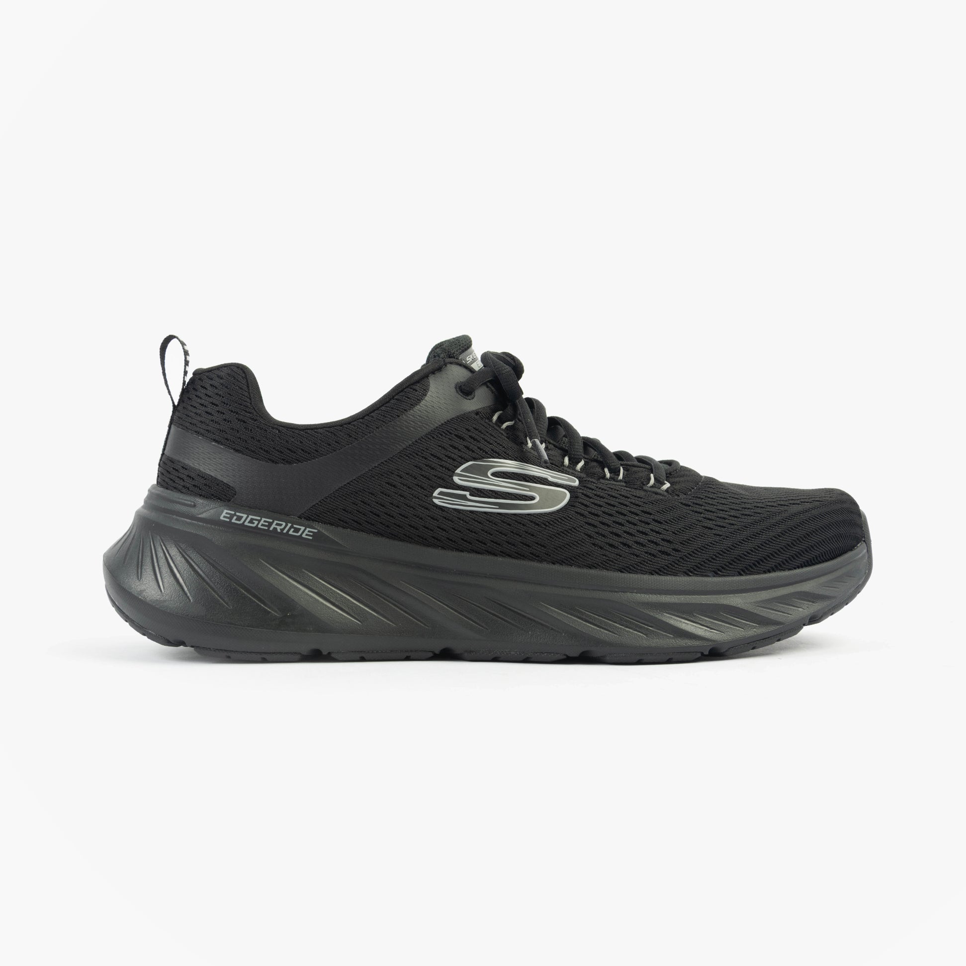 Skechers 232843/BBK EDGERIDE - CONTENTION Mens Trainers Black side view showcasing mesh upper and rubber sole.