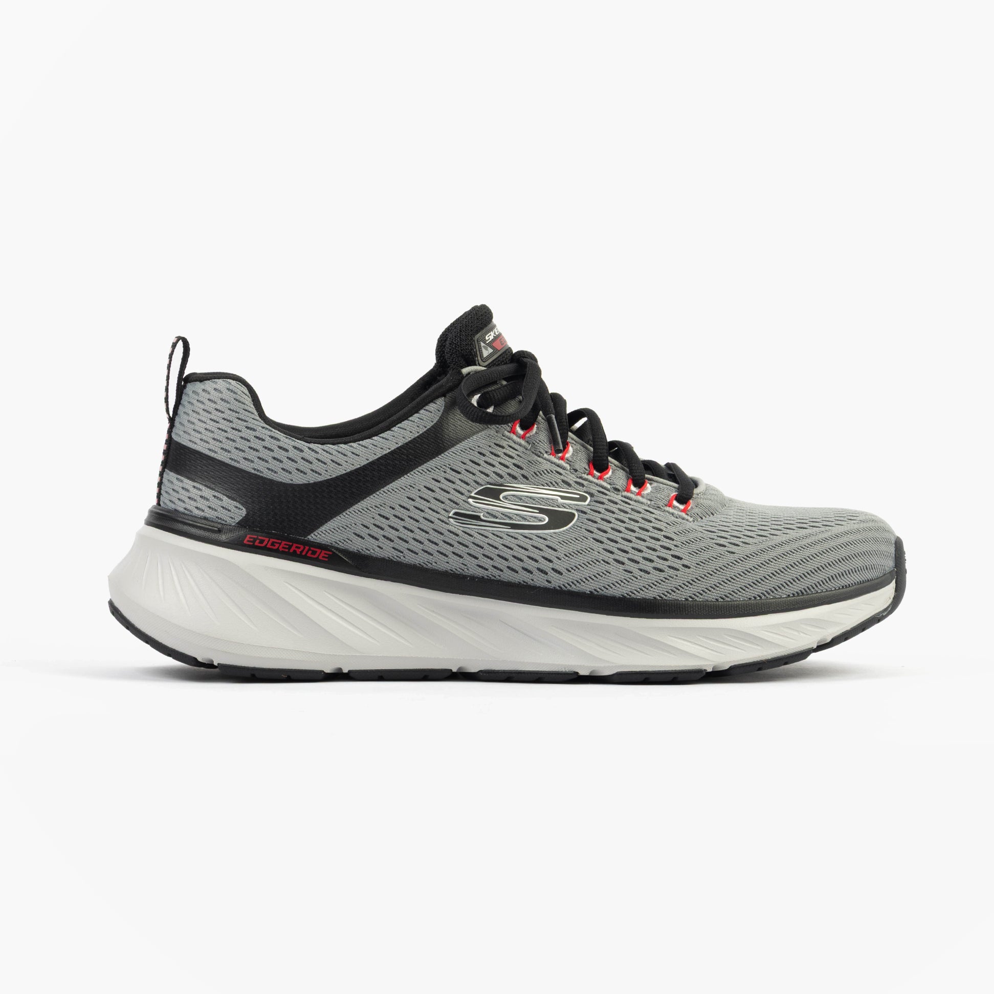 Skechers 232843/CCBK EDGERIDE - CONTENTION Mens Trainers Charcoal/Black side view, fitness mesh upper with lace-up closure and relaxed fit.