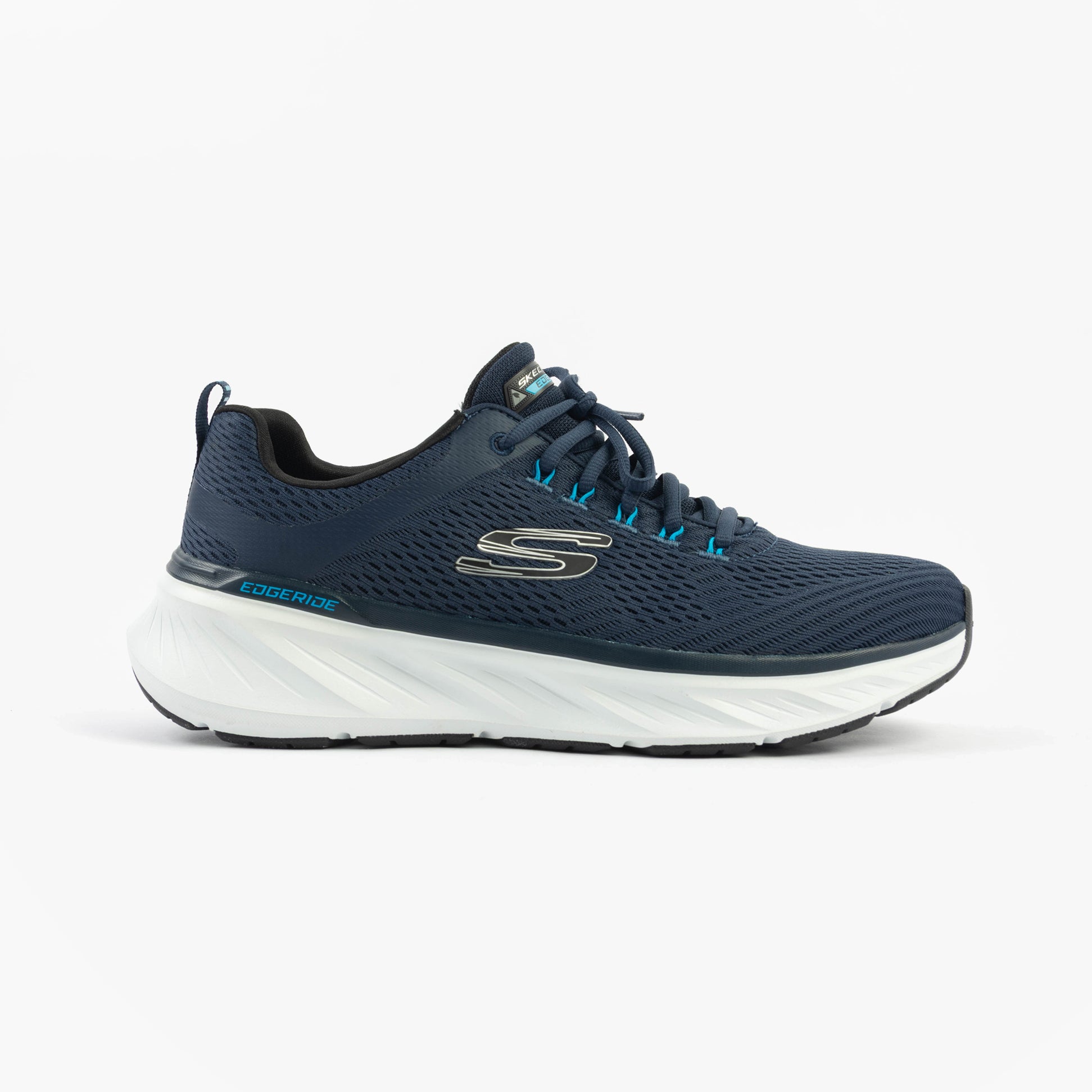 Skechers 232843/NVBL EDGERIDE - CONTENTION Mens Trainers Navy side view showcasing mesh upper and lace-up closure.