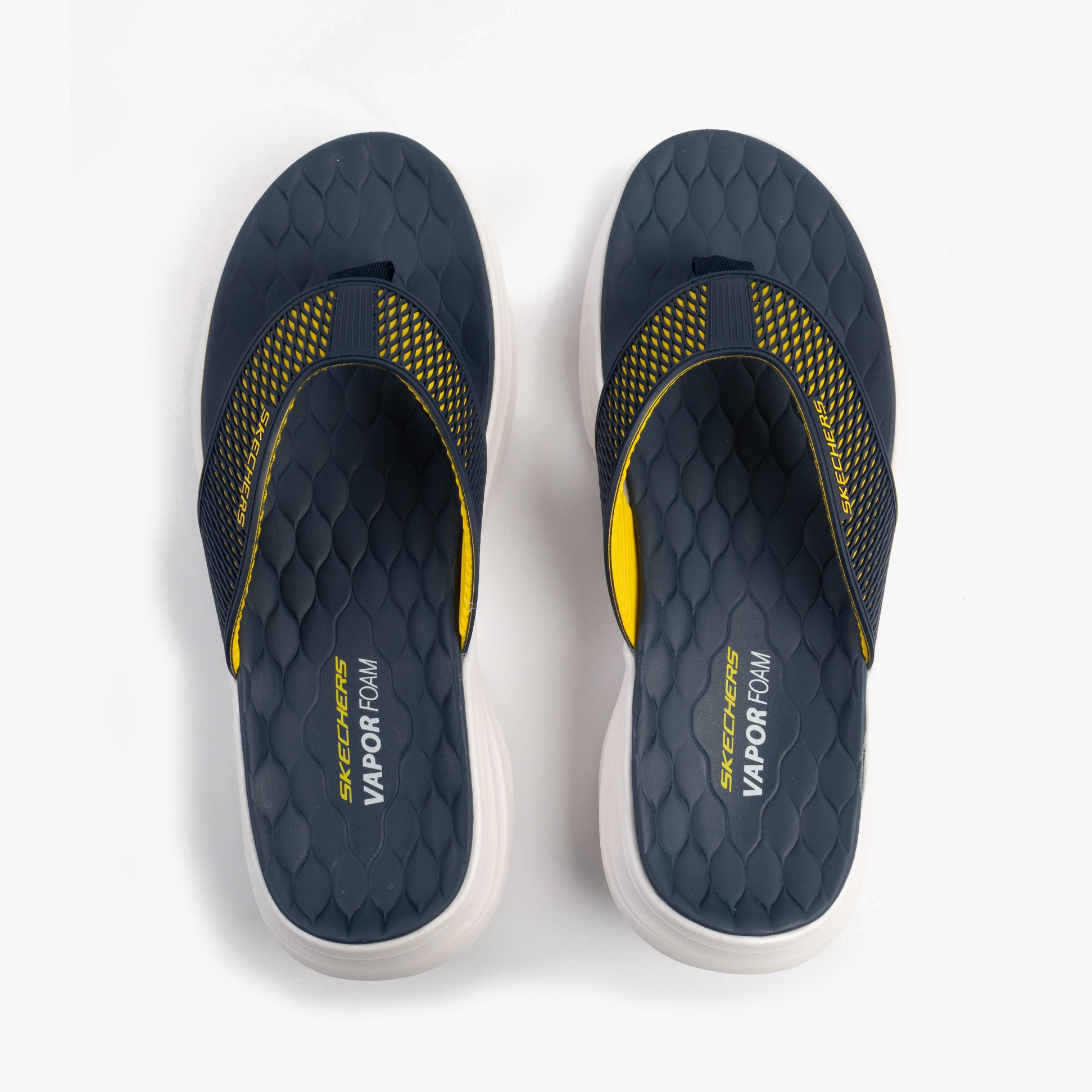 Skechers 232894/NVYL VAPOR FOAM SANDAL - SAYTO Mens Sandals Navy/Yellow top view showing comfort design and synthetic materials.