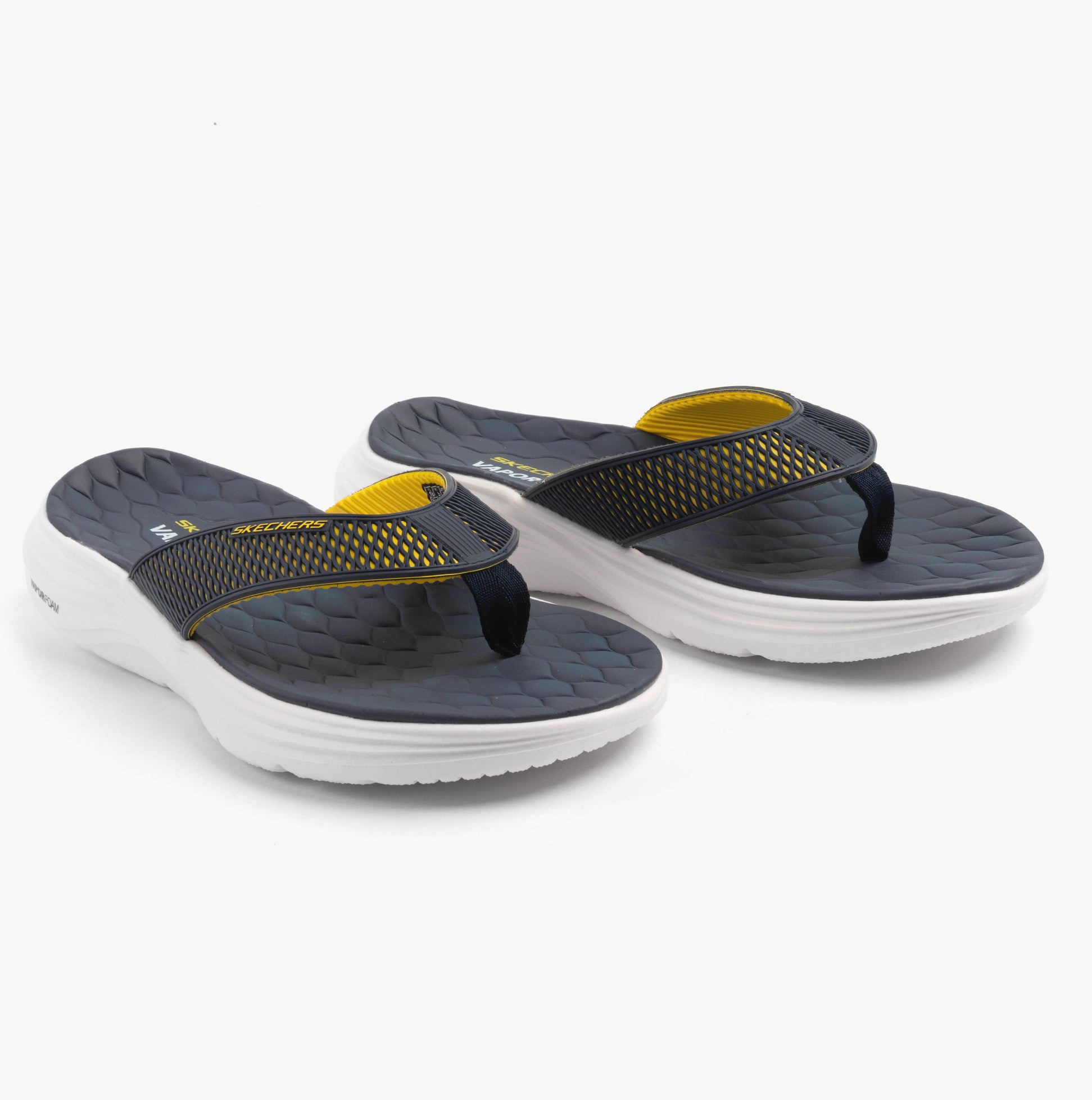 Skechers 232894/NVYL VAPOR FOAM SANDAL - SAYTO Mens Sandals Navy/Yellow side view showing comfortable slip-on design.