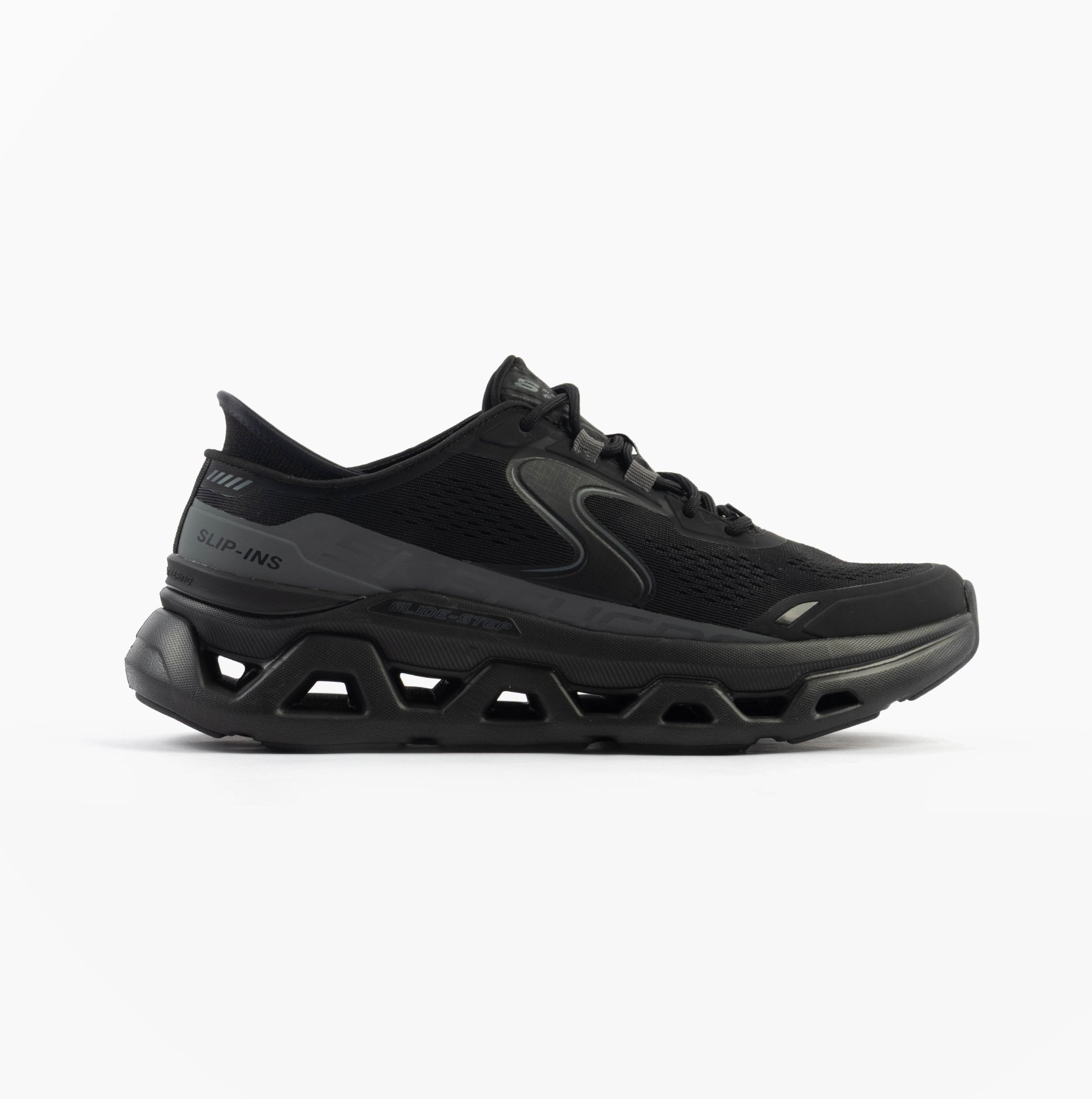 Skechers 232921/BBK GLIDE-STEP ALTUS Mens Trainers Black side view showcasing synthetic mesh upper and air-cooled memory foam.