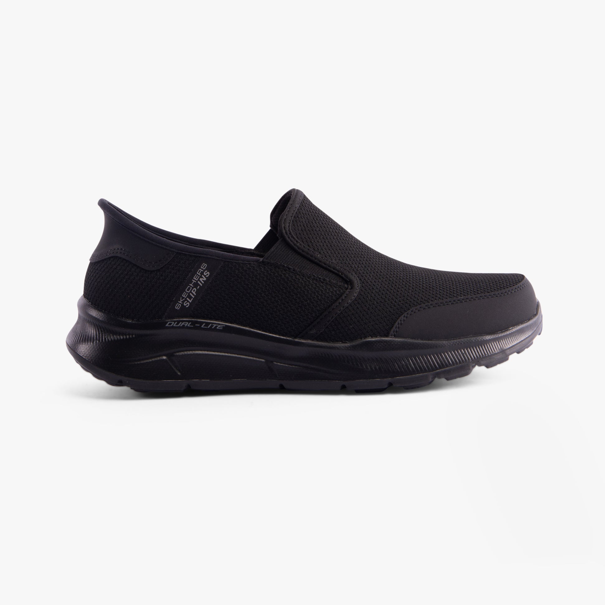 Skechers 232926/BBK EQUALIZER 5.0 - DRAYZE Mens Trainers Black side view showing breathable mesh upper and slip-on design.