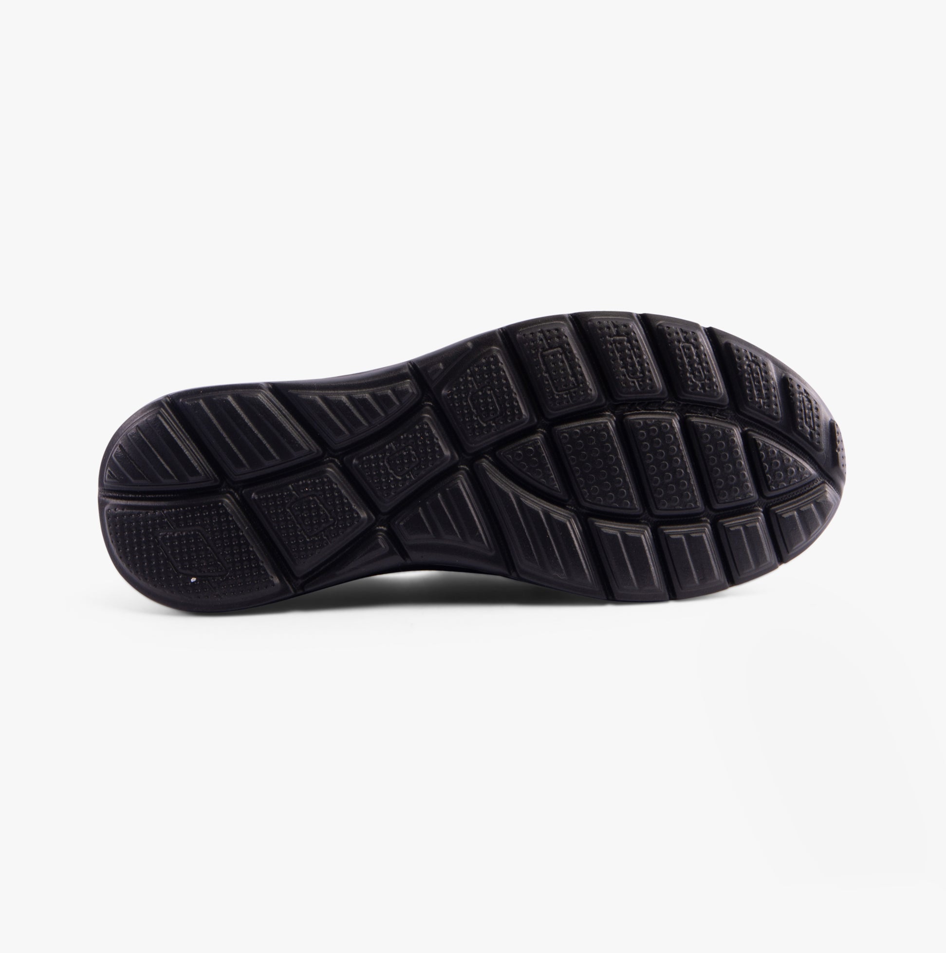 Skechers 232926/BBK EQUALIZER 5.0 - DRAYZE Mens Trainers Black shoe sole view showing rubber bottom design.