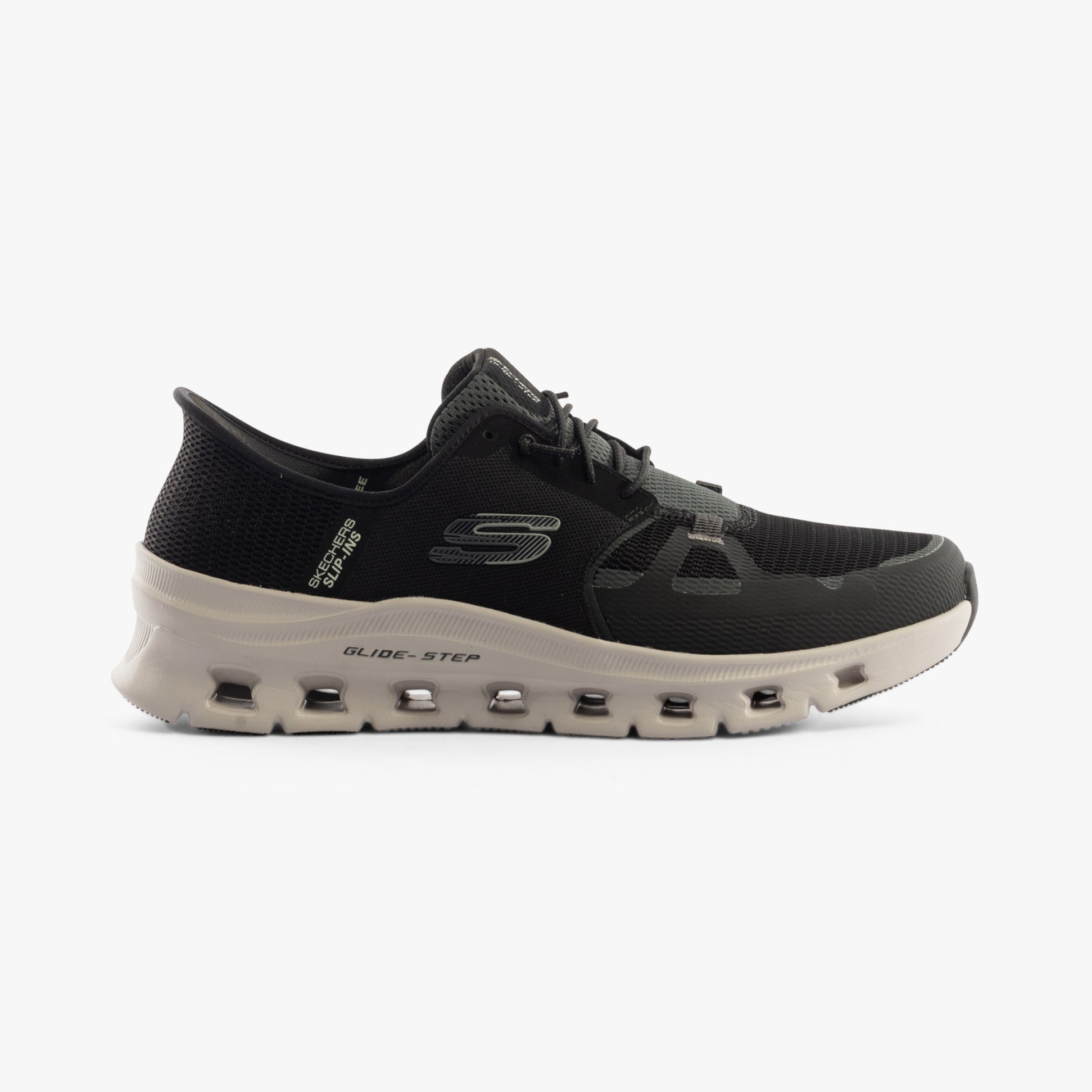 Side view of Skechers 232930/BLK GLIDE-STEP PRO Mens Trainers Black showing breathable textile upper and low-top design.