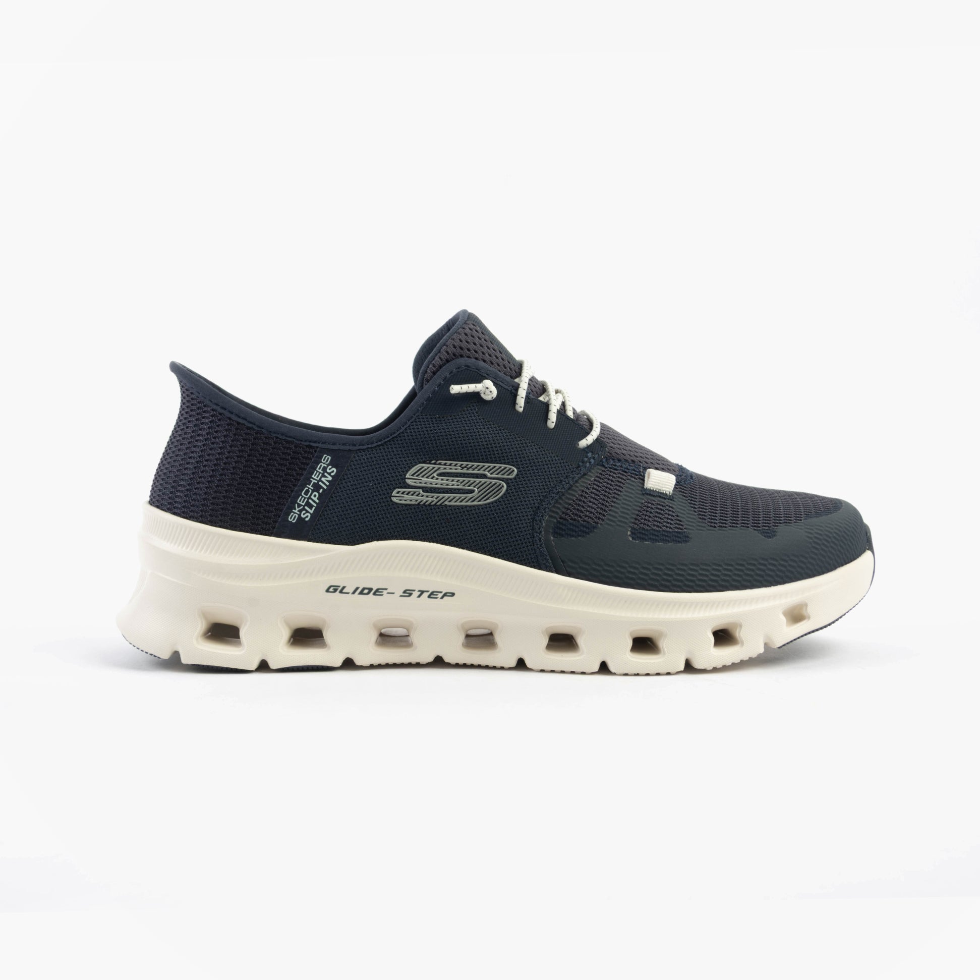 Skechers 232930/NVY GLIDE-STEP PRO Mens Trainers Navy/Grey side view with lace-up design and rubber sole.