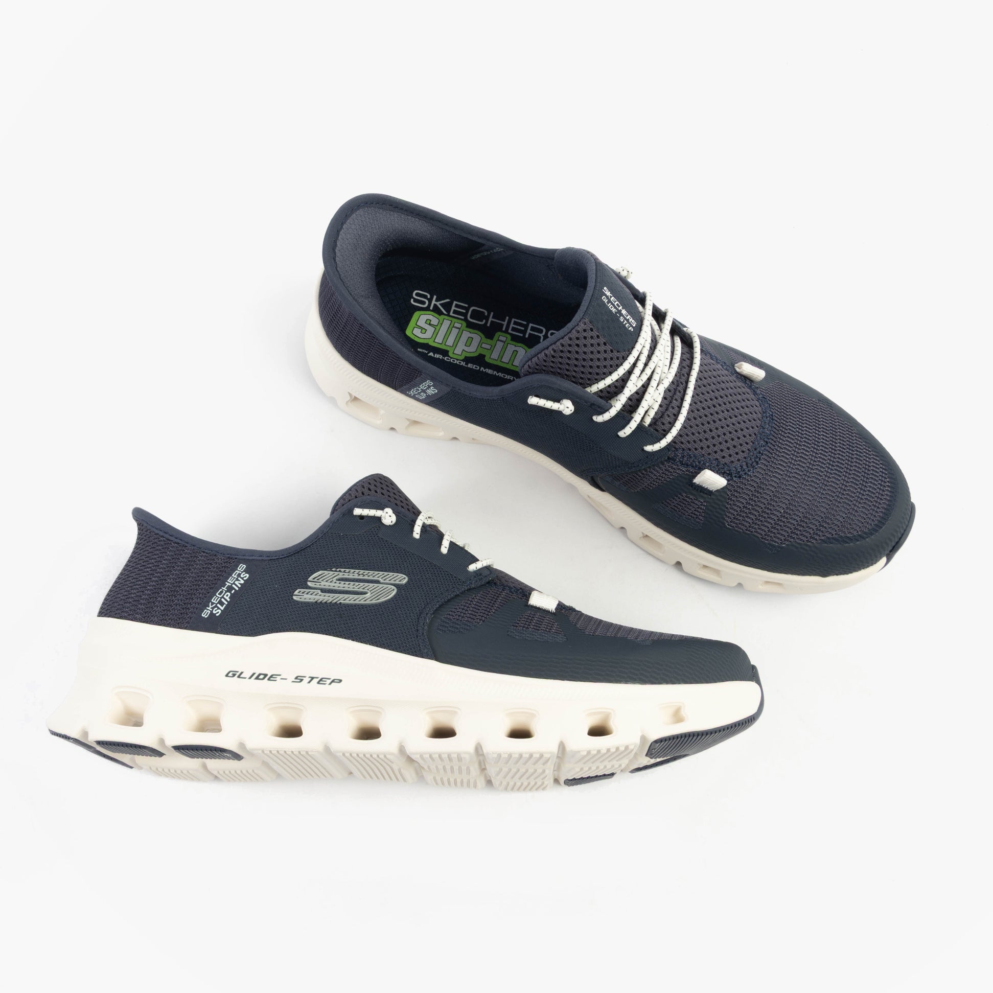 Skechers 232930/NVY GLIDE-STEP PRO Mens Trainers Navy/Grey side view showcasing lace-up design and memory foam features.