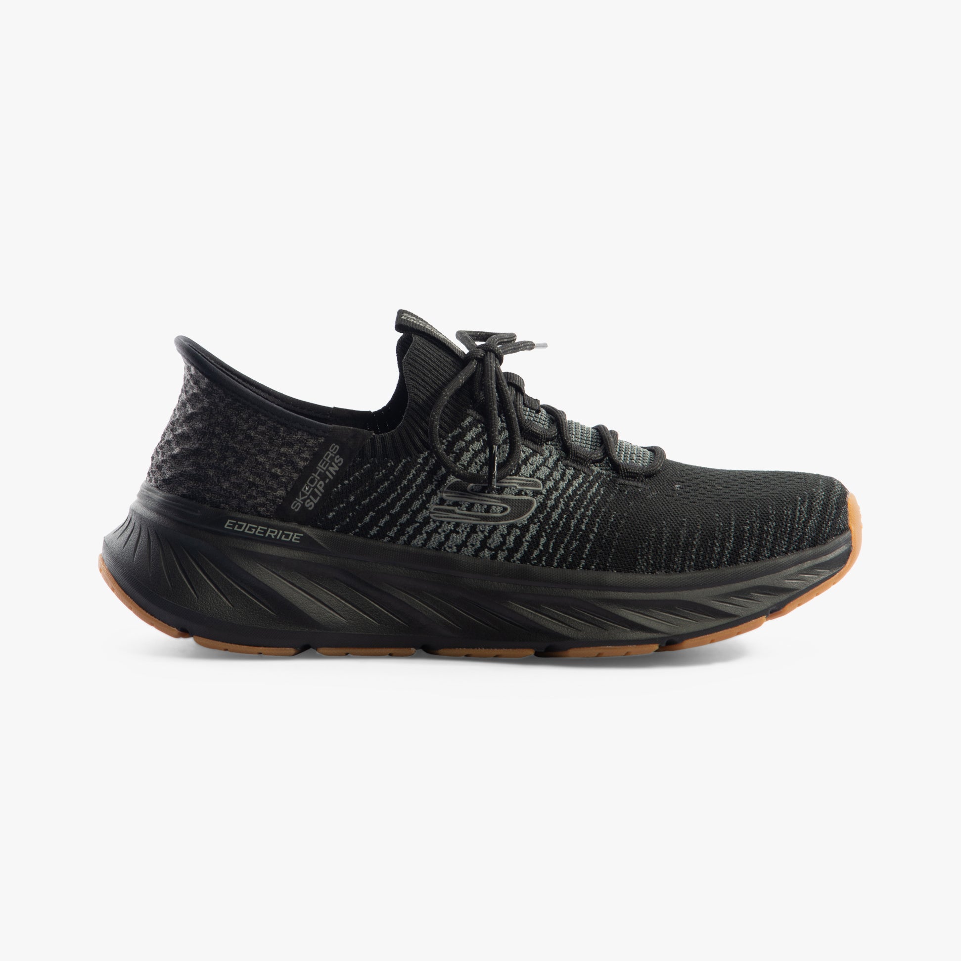 Skechers 232932/BBK EDGERIDE - RAYGO Mens Trainers Black side view showing lace-up design and breathable upper.