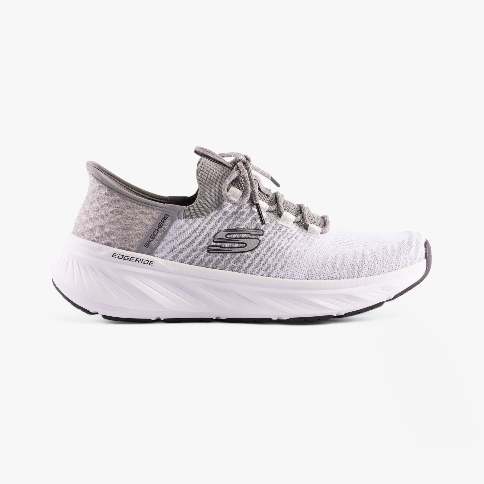 Skechers 232932/WGY EDGERIDE - RAYGO Mens Trainers White/Gray side view with lace-up design and breathable textile upper.