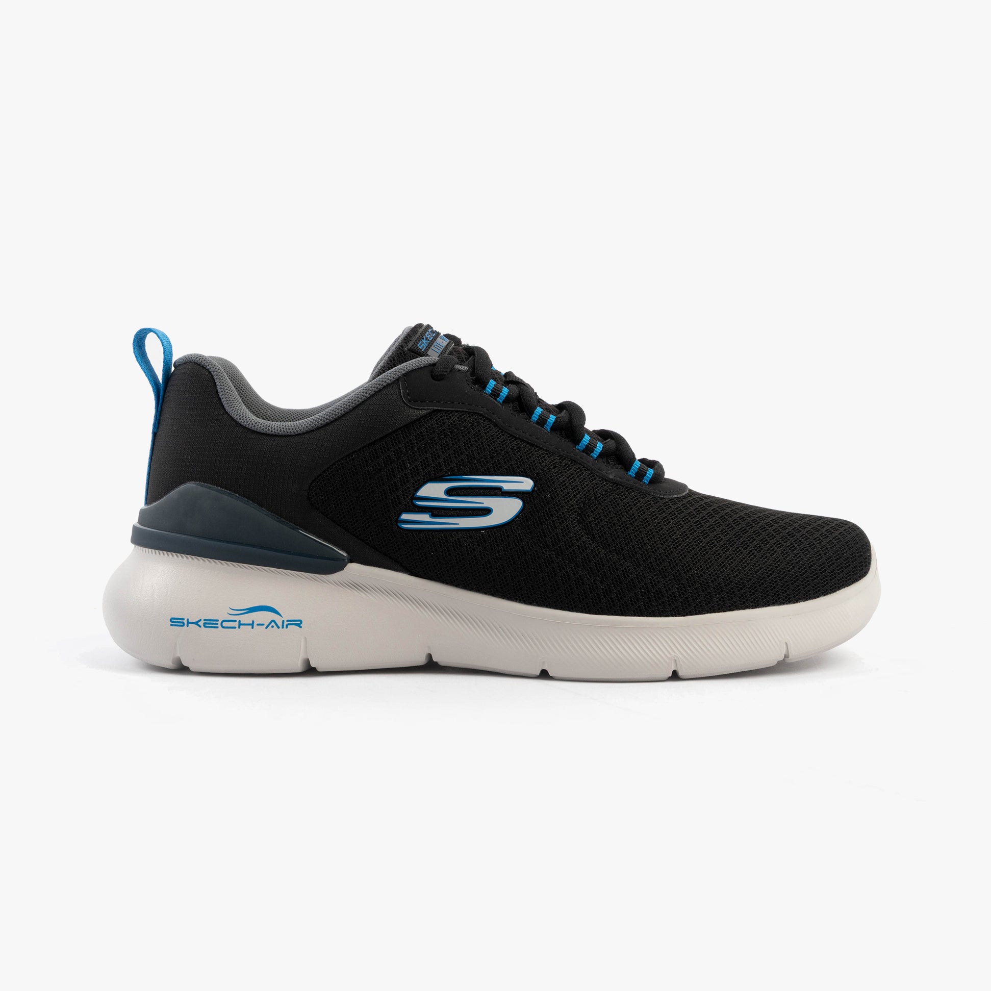 Skechers 232971/BKBL SKECH-AIR DYNAMIGHT 2.0 - DUR Mens Trainers Black/Blue side view with a relaxed fit and lace-up design.