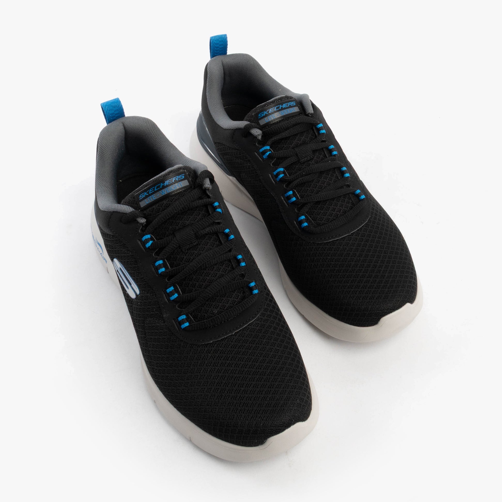 Skechers 232971/BKBL SKECH-AIR DYNAMIGHT 2.0 - DUR Mens Trainers Black/Blue top view, featuring a breathable mesh upper and lace-up closure.