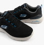 Skechers 232971/BKBL SKECH-AIR DYNAMIGHT 2.0 - DUR Mens Trainers Black/Blue angled view highlighting laces and mesh upper.