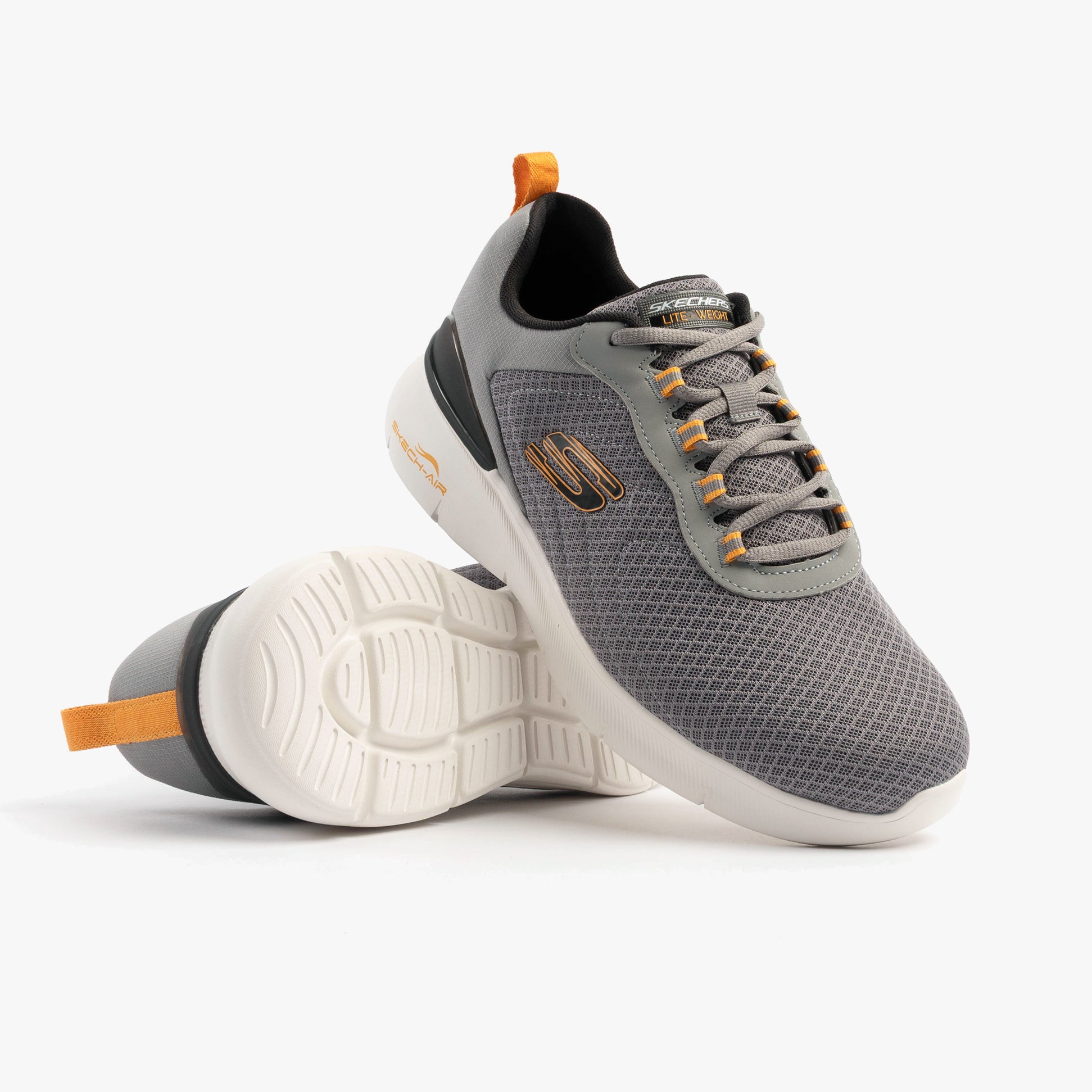 Skechers 232971/CCYL SKECH-AIR DYNAMIGHT 2.0 - DUR Mens Trainers Charcoal/Yellow side view with orange accents.