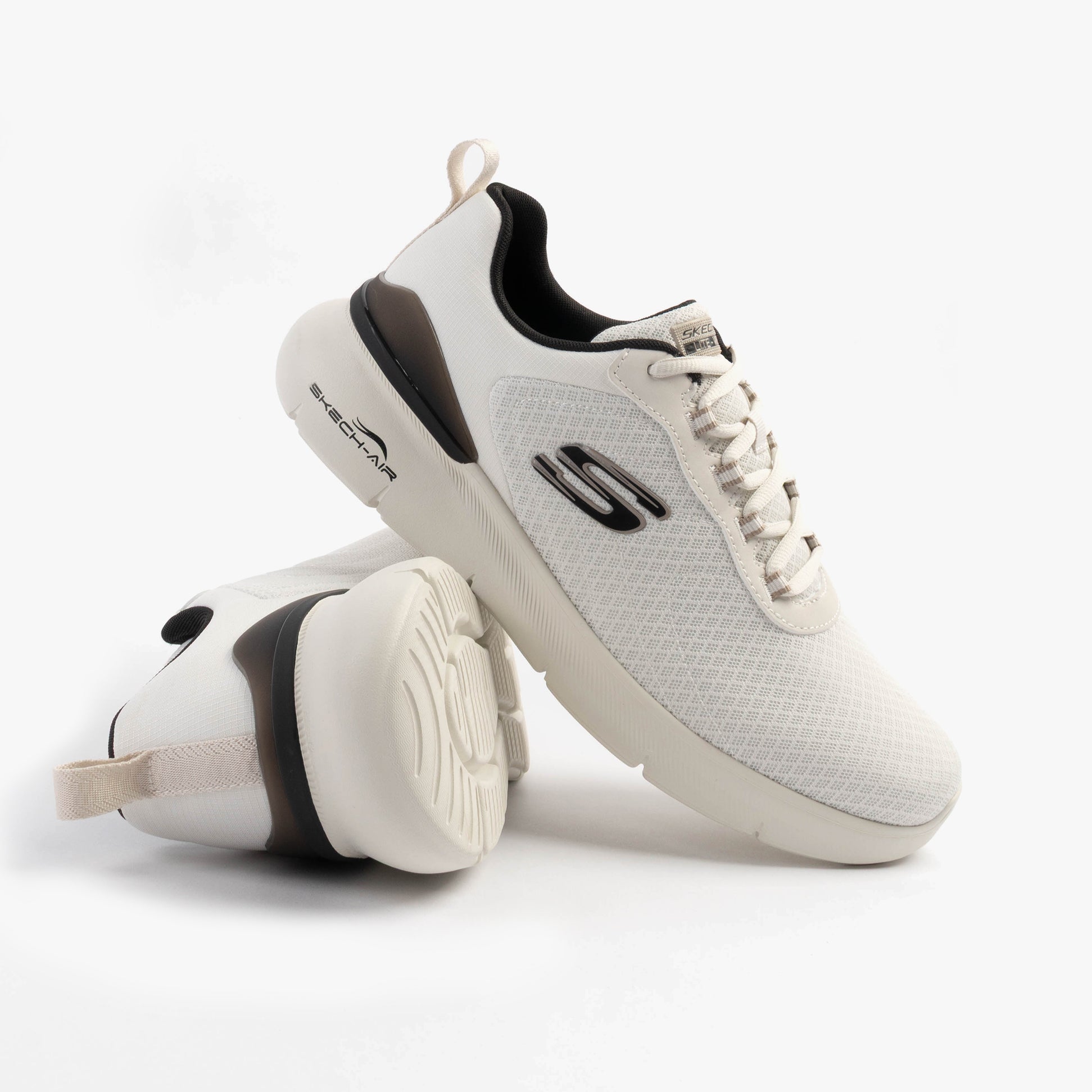 Skechers 232971/NTBK SKECH-AIR DYNAMIGHT 2.0 - DUR Mens Trainers Natural/Black side view, highlighting casual mesh design.