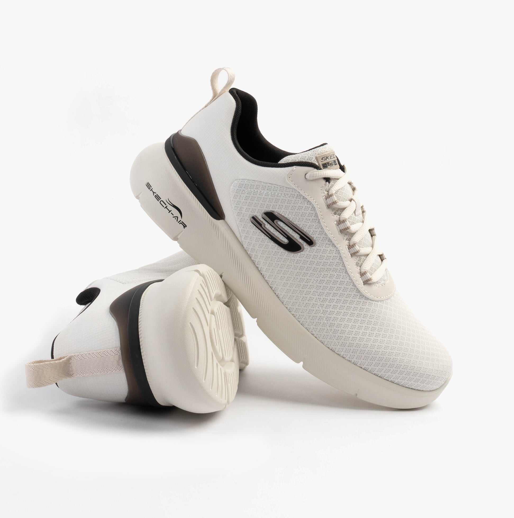 Skechers 232971/NTBK SKECH-AIR DYNAMIGHT 2.0 - DUR Mens Trainers Natural/Black side view, highlighting casual mesh design.