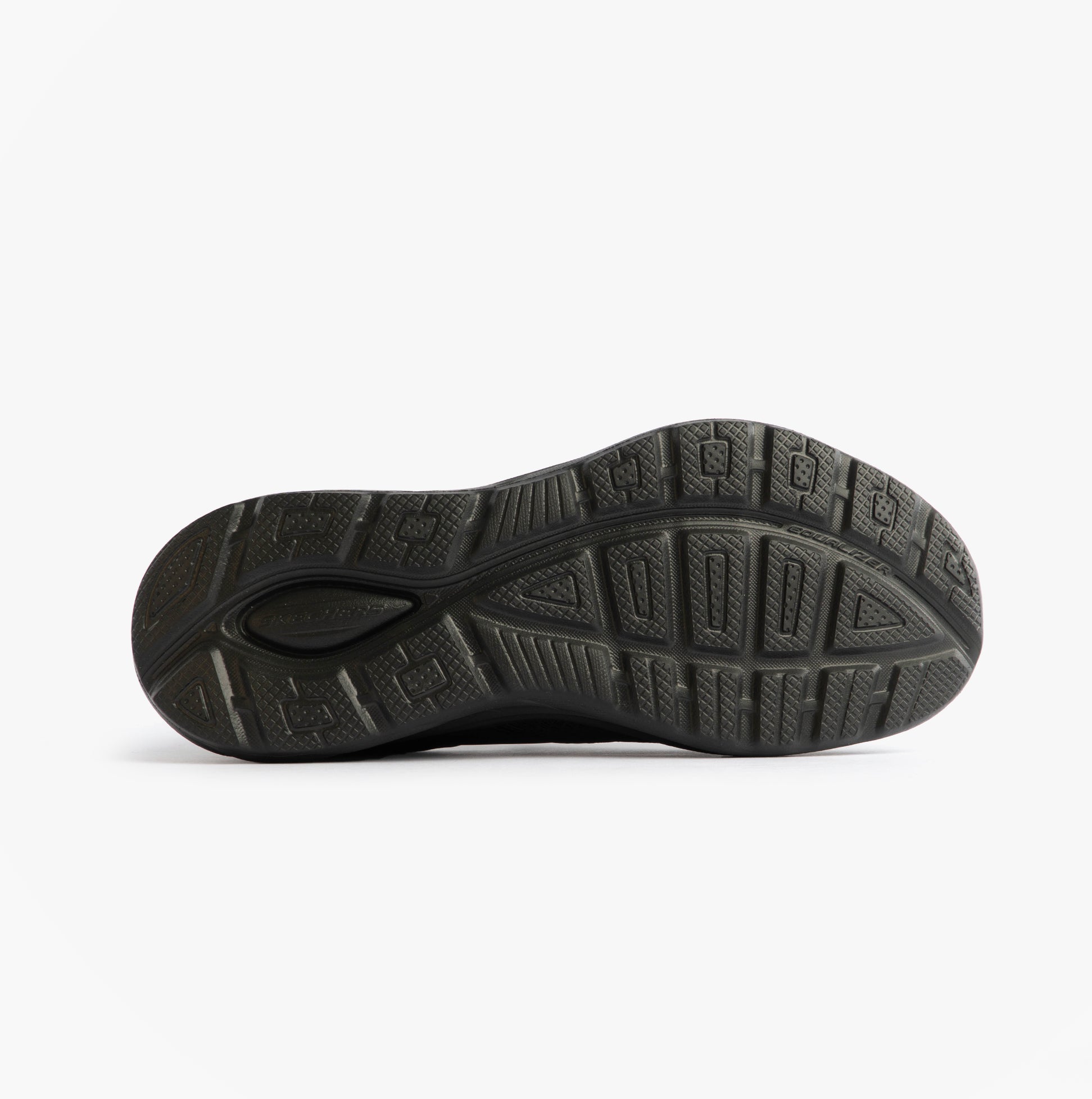 Skechers 233103/BBK EQUALIZER 6.0 - STOAVER Mens Trainers Black sole view, rubber material, features intricate tread patterns.