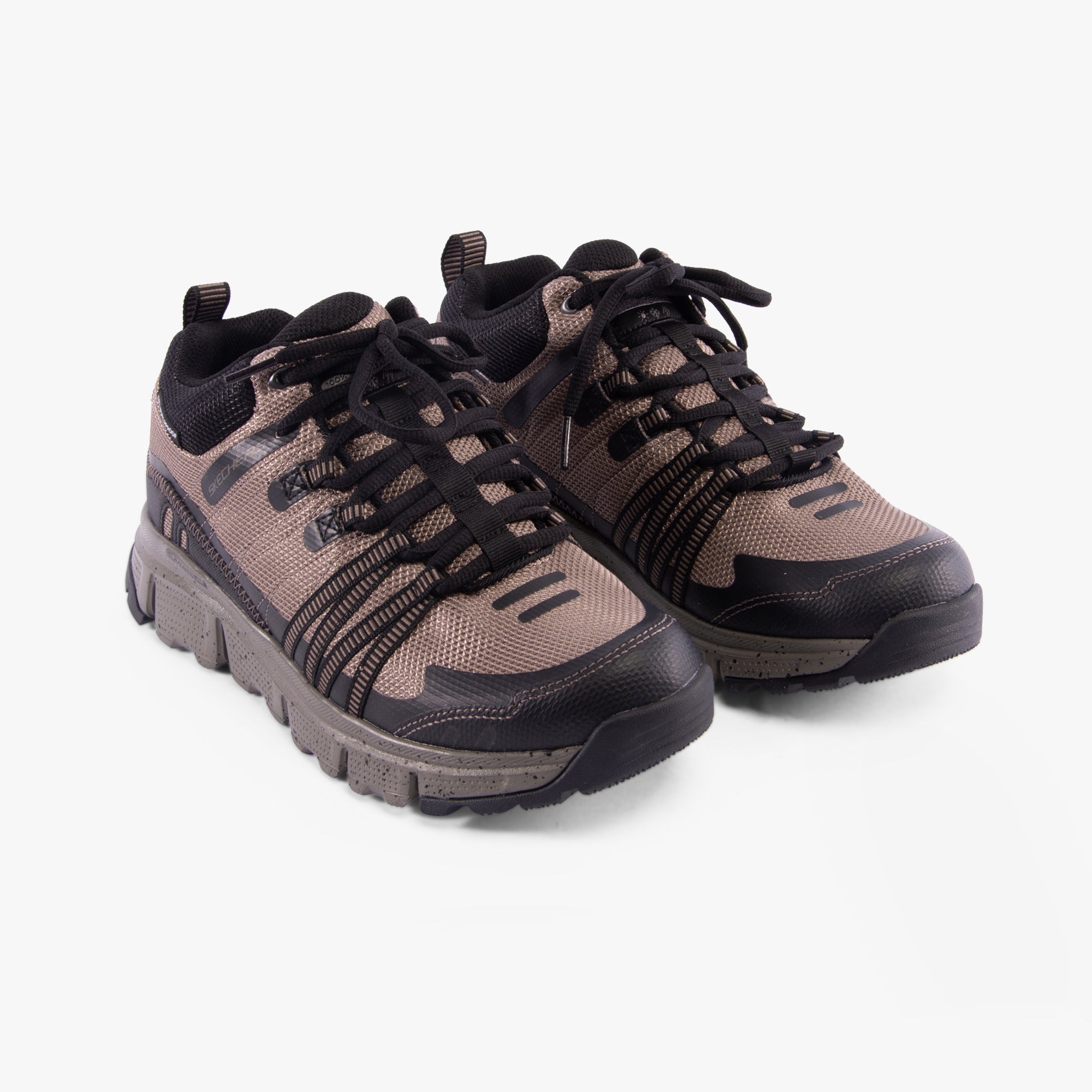 Skechers 237701/TNBK SUMMITS AT - CANOBIE Mens Waterproof Trainers Tan/Black side view showing laces and design.