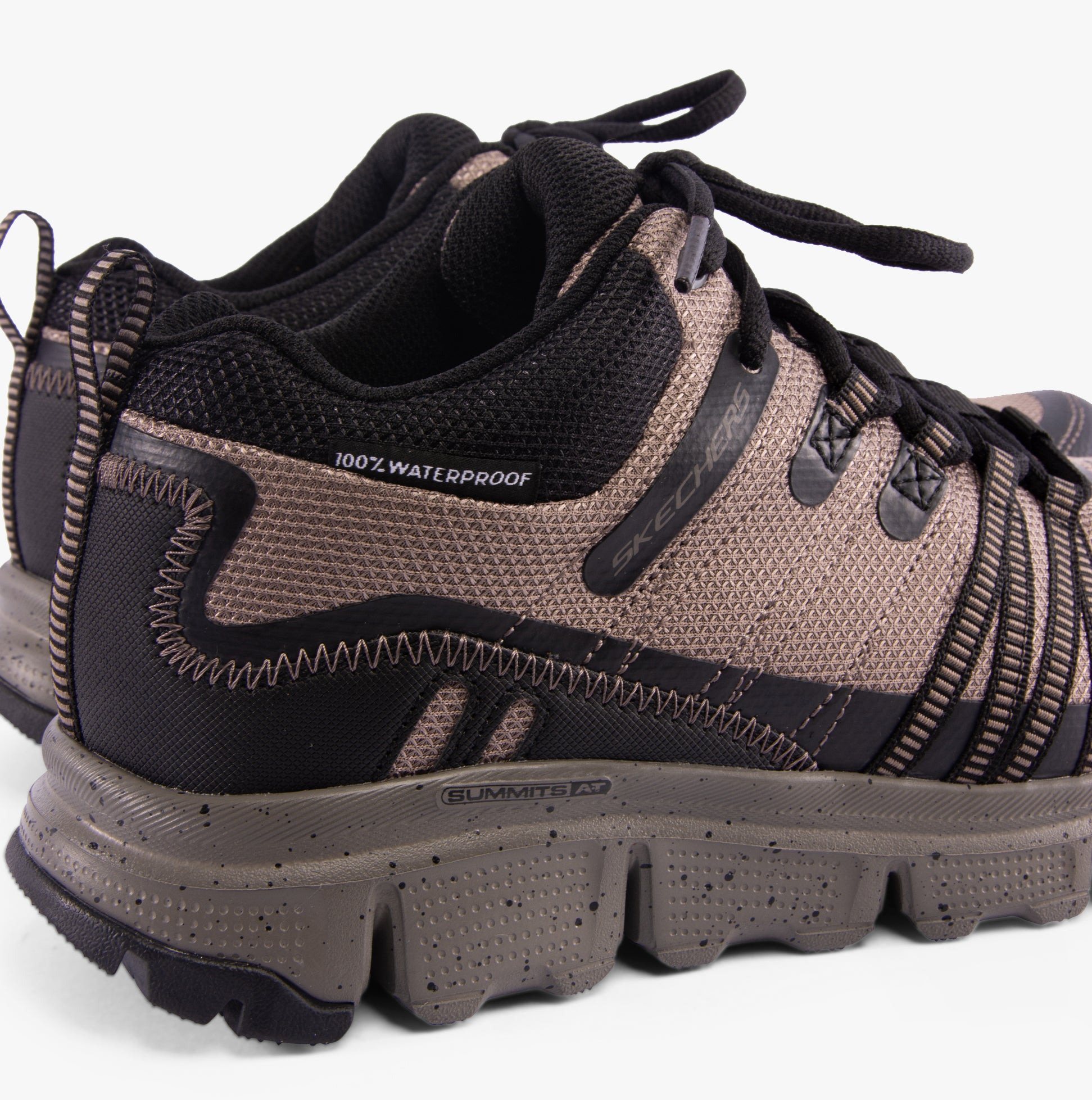 Skechers 237701/TNBK SUMMITS AT - CANOBIE Mens Waterproof Trainers Tan/Black side view showcasing waterproof design.