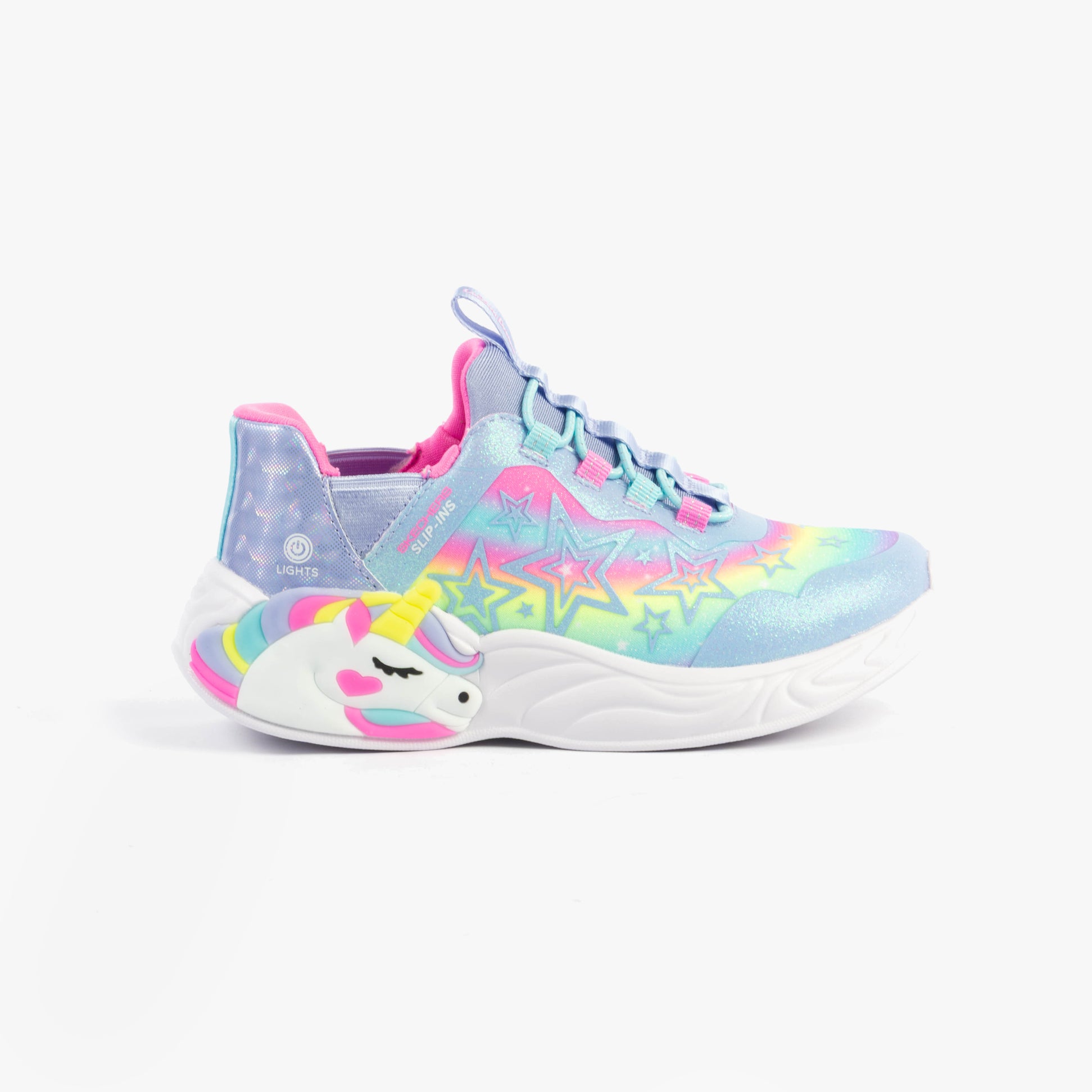 Skechers 302296L/LVMT UNICORN DREAMS - STARRY LITE Girls Trainers Lavender Multi side view featuring colorful star design.