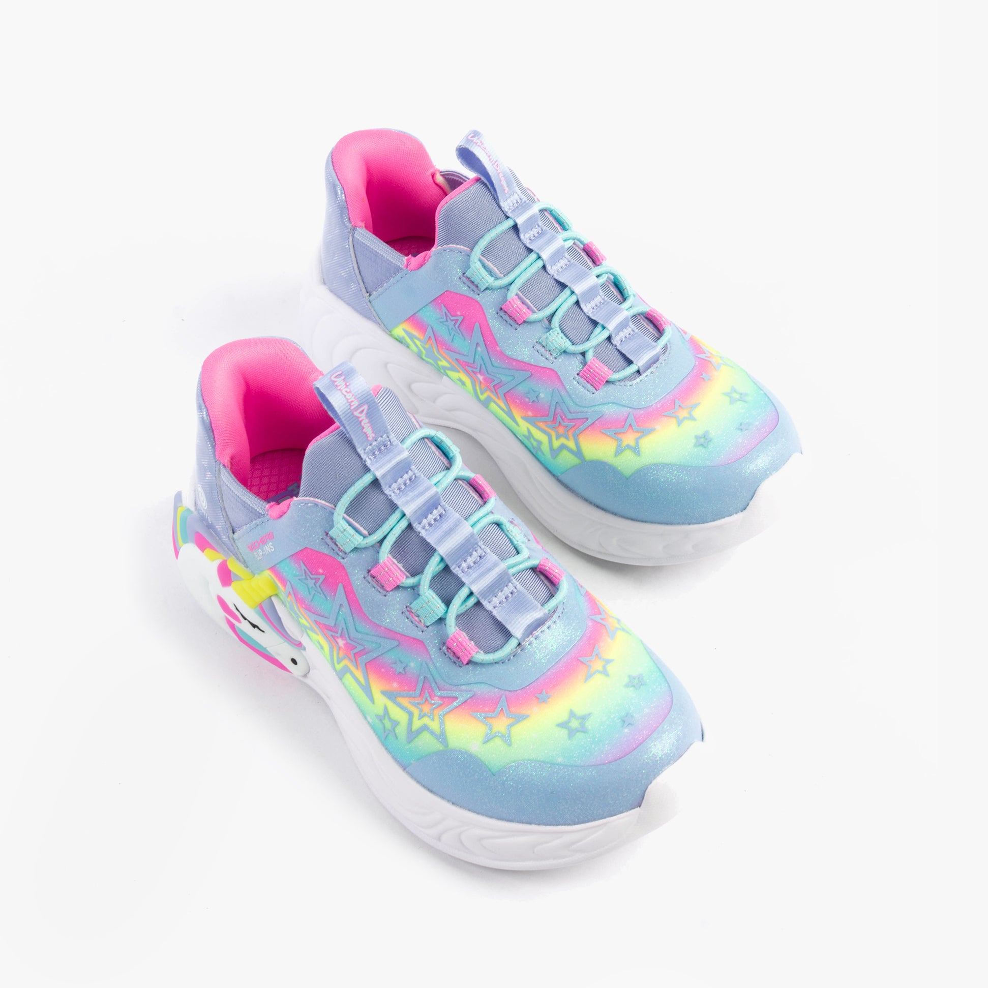 Skechers 302296L/LVMT UNICORN DREAMS - STARRY LITE Girls Trainers Lavender Multi top view showing vibrant colors and bungee stretch laces.