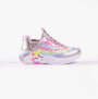 Skechers 302296L/SMLT UNICORN DREAMS - STARRY LITE Girls Trainers Silver Multi side view with unicorn design and colorful stars.