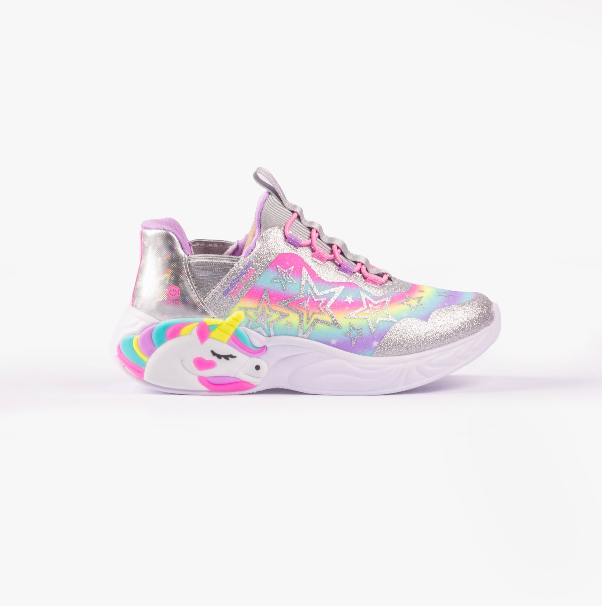Skechers 302296L/SMLT UNICORN DREAMS - STARRY LITE Girls Trainers Silver Multi side view with unicorn design and colorful stars.