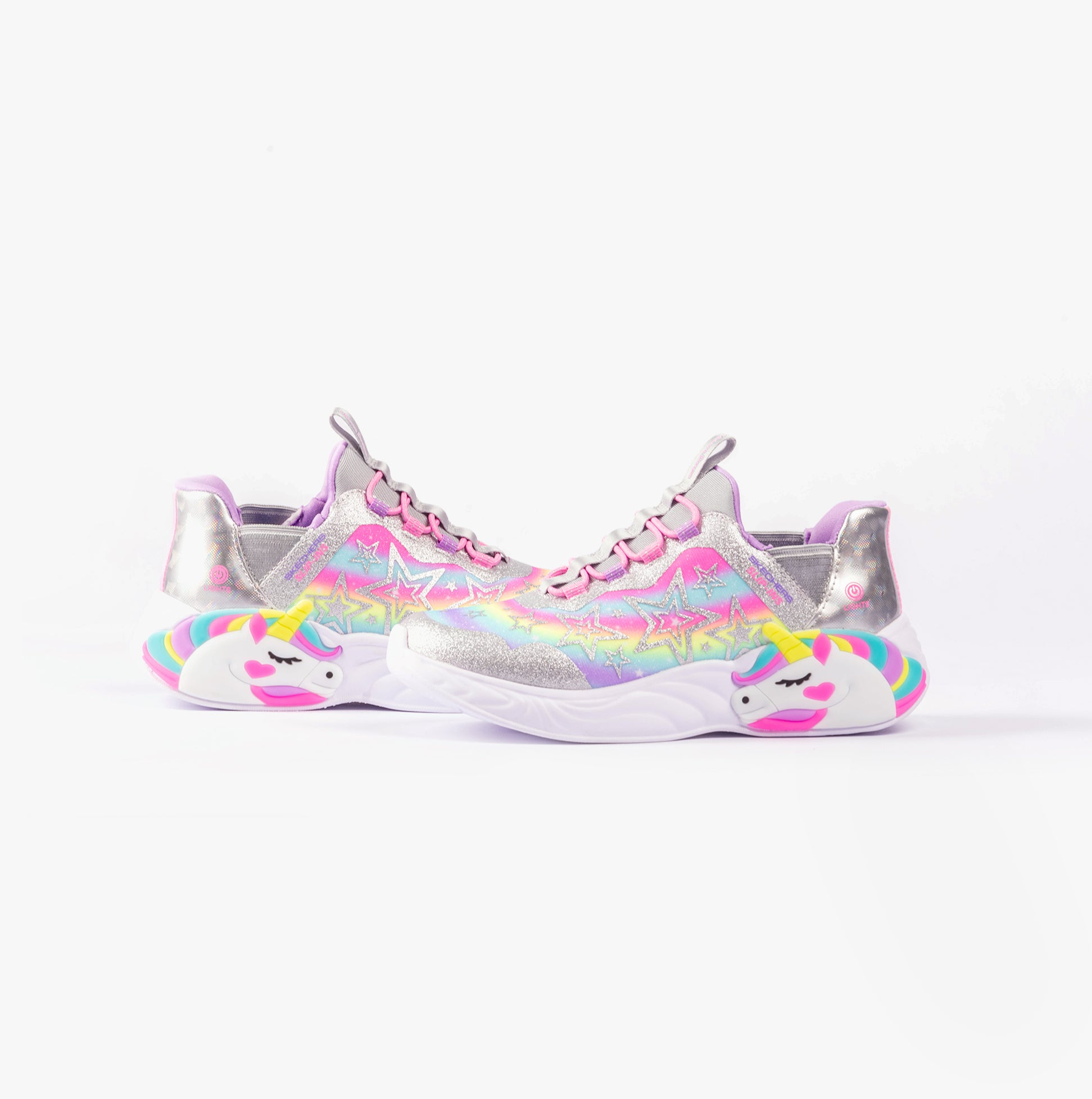 Skechers 302296L/SMLT UNICORN DREAMS - STARRY LITE Girls Trainers Silver Multi side view with rainbow unicorn details.