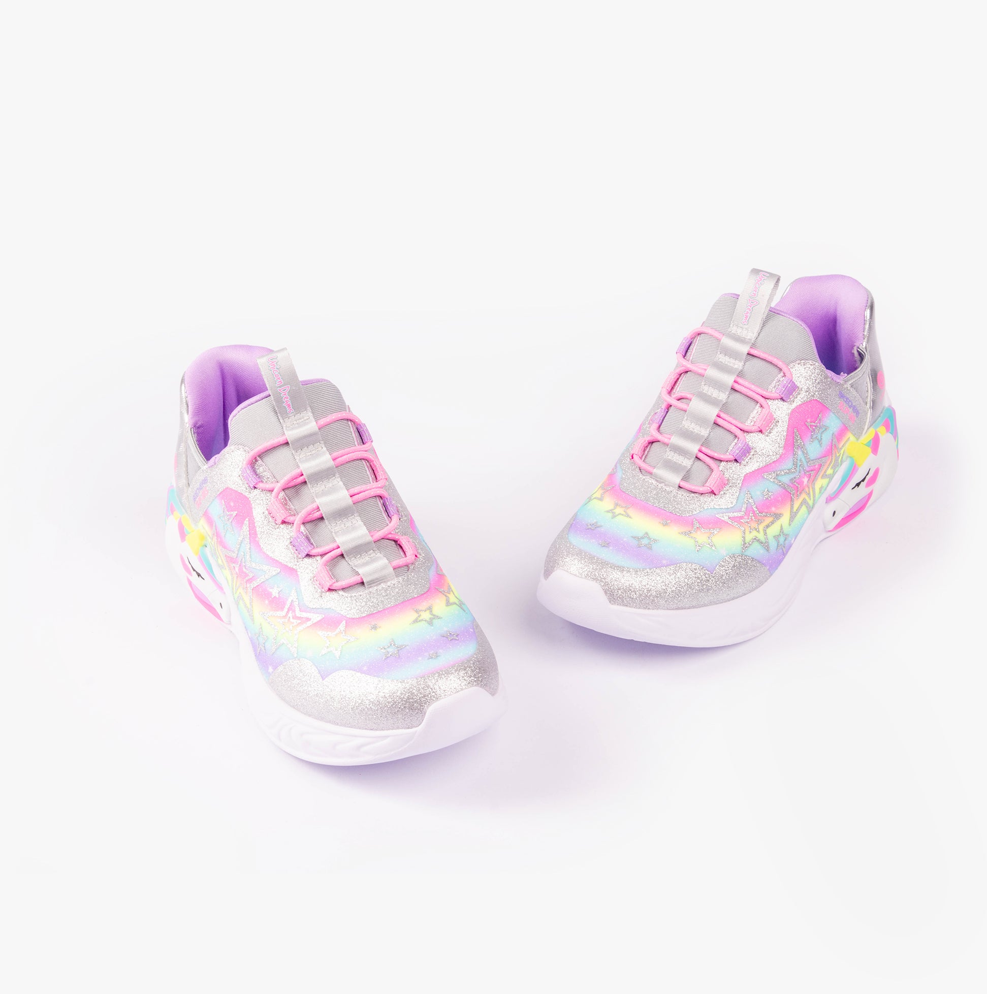 Skechers 302296L/SMLT UNICORN DREAMS - STARRY LITE Girls Trainers Silver Multi front view with colorful design and bungee laces.