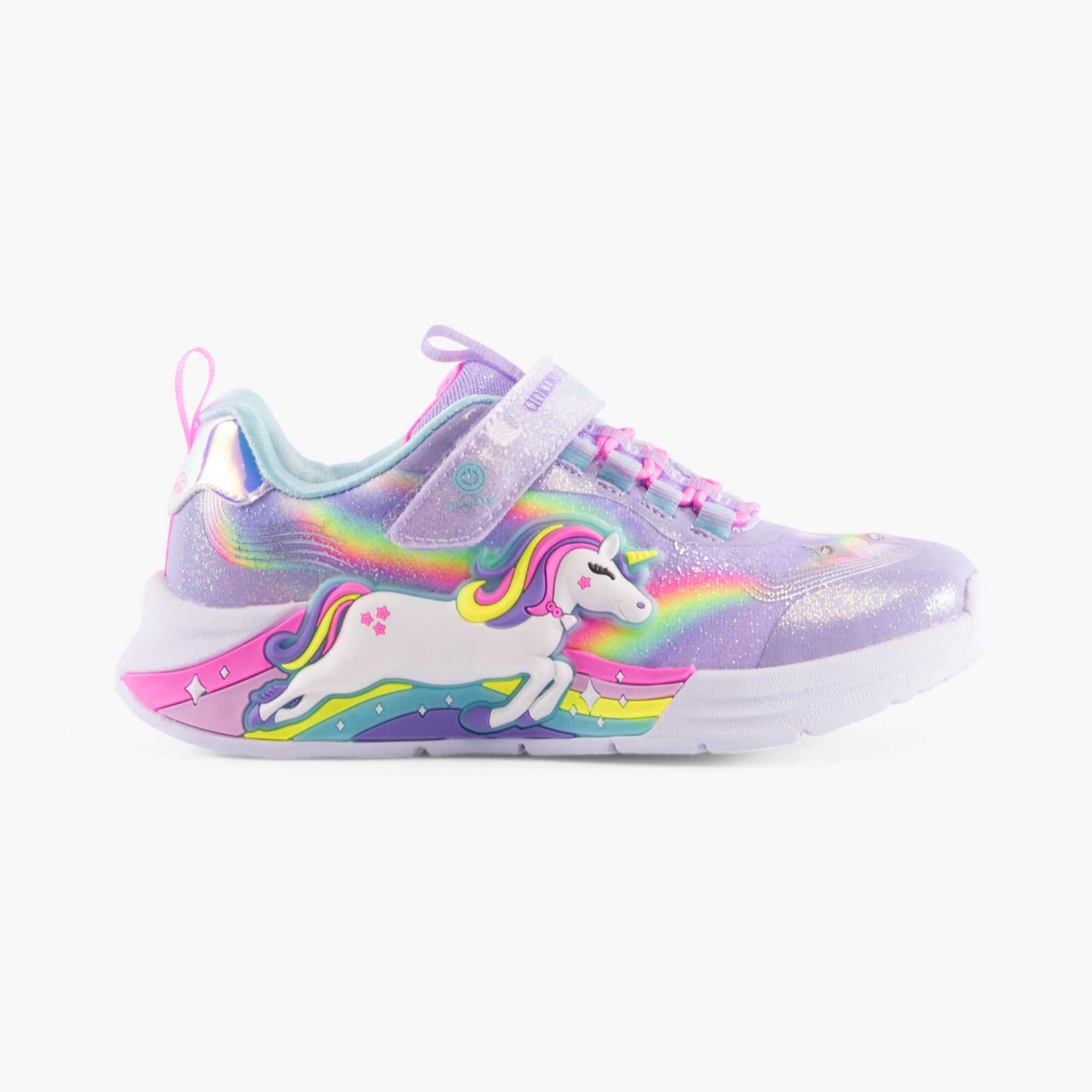 Skechers 302298-L/N-UNICORN CHASER Girls Trainers Lavender/Multi side view with rainbow unicorn design.