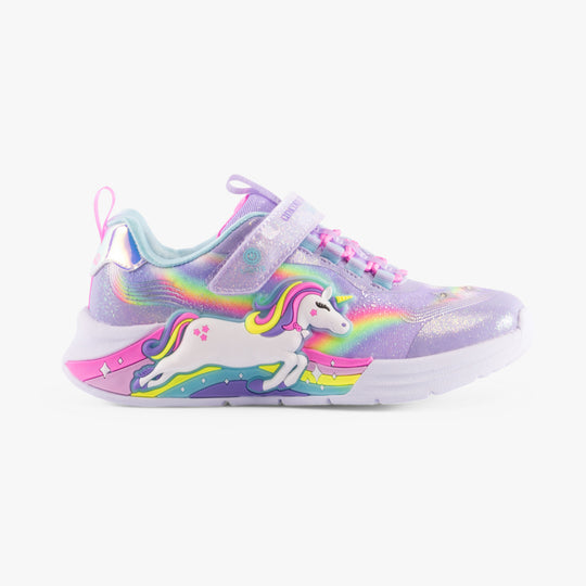 Skechers 302298-L/N-UNICORN CHASER Girls Trainers Lavender/Multi side view with rainbow unicorn design.