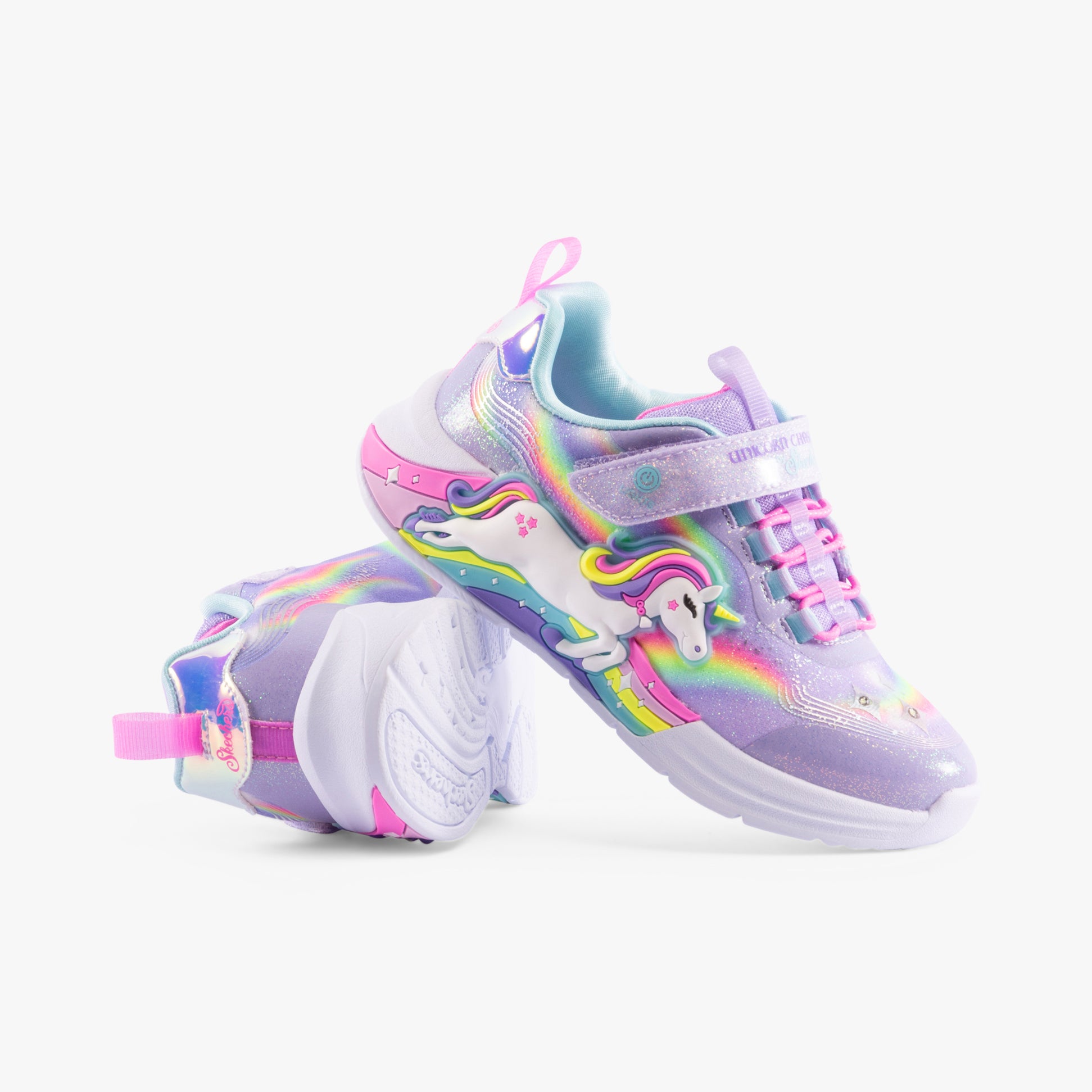 Skechers 302298-L/N-UNICORN CHASER Girls Trainers Lavender/Multi side view showcasing colorful unicorn design and lace-up closure.
