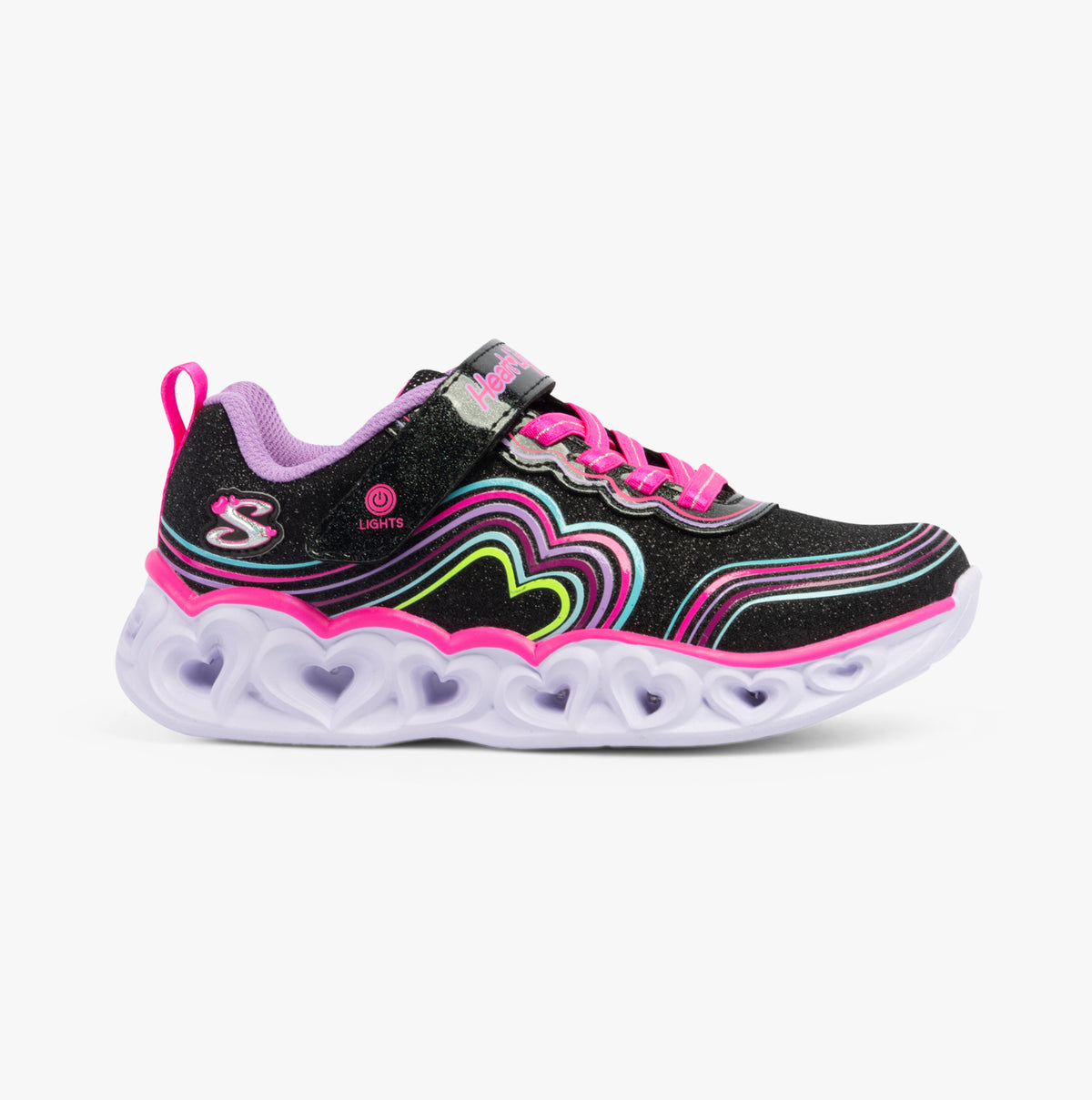 Skechers 302689L/BKMT HEART LIGHTS - RETRO HEARTS Girls Trainers Black/Multi side view showcasing light-up features and stylish design.