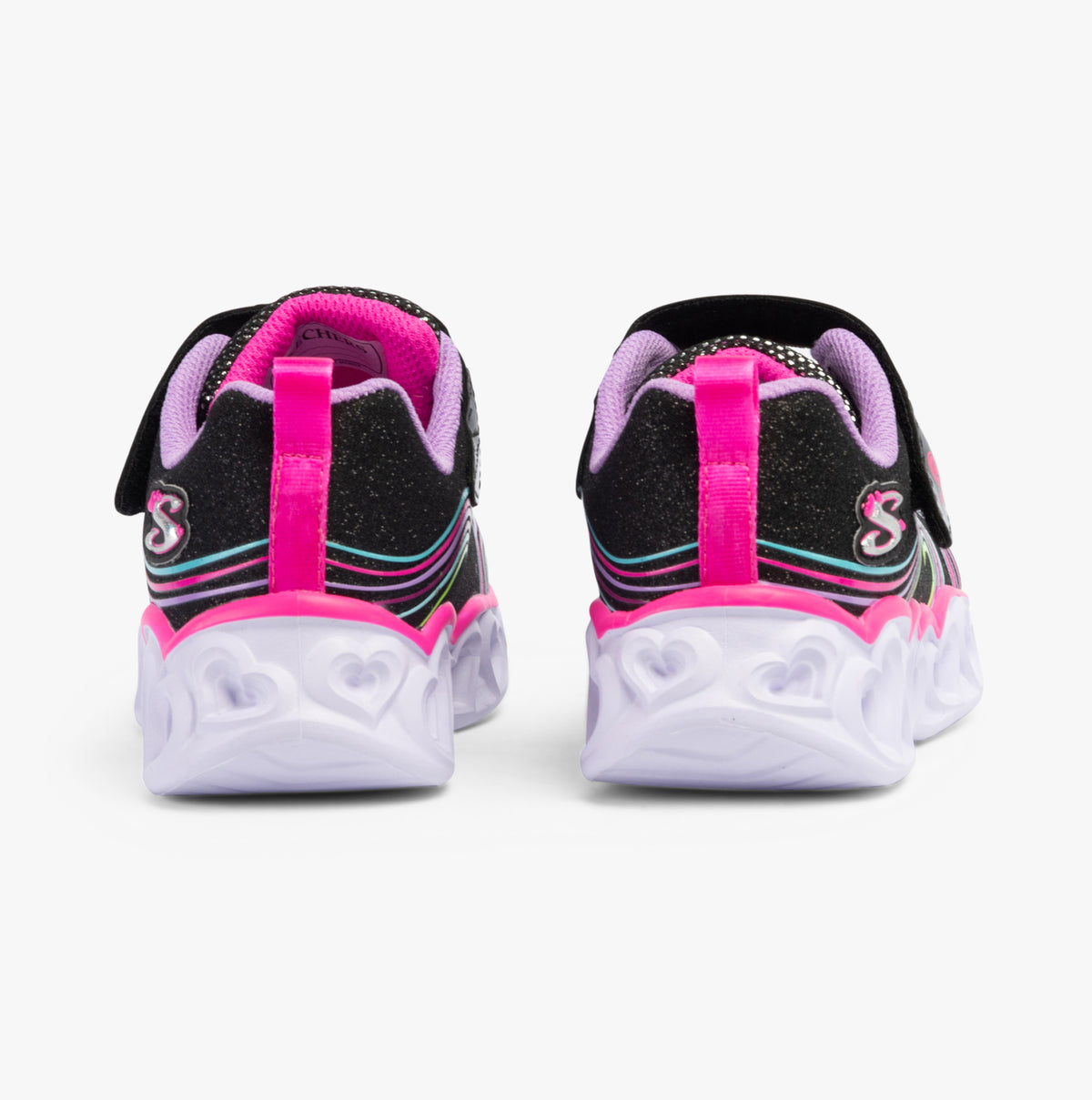 Skechers 302689L/BKMT HEART LIGHTS - RETRO HEARTS Girls Trainers Black/Multi rear view with pink accents and low-top design.