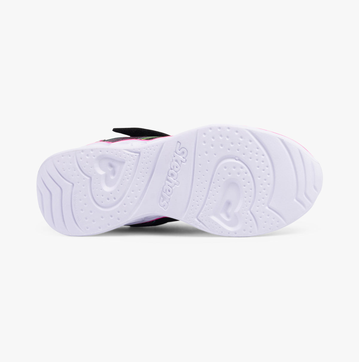 Skechers 302689L/BKMT HEART LIGHTS - RETRO HEARTS Girls Trainers Black/Multi bottom view with heart detail on sole.