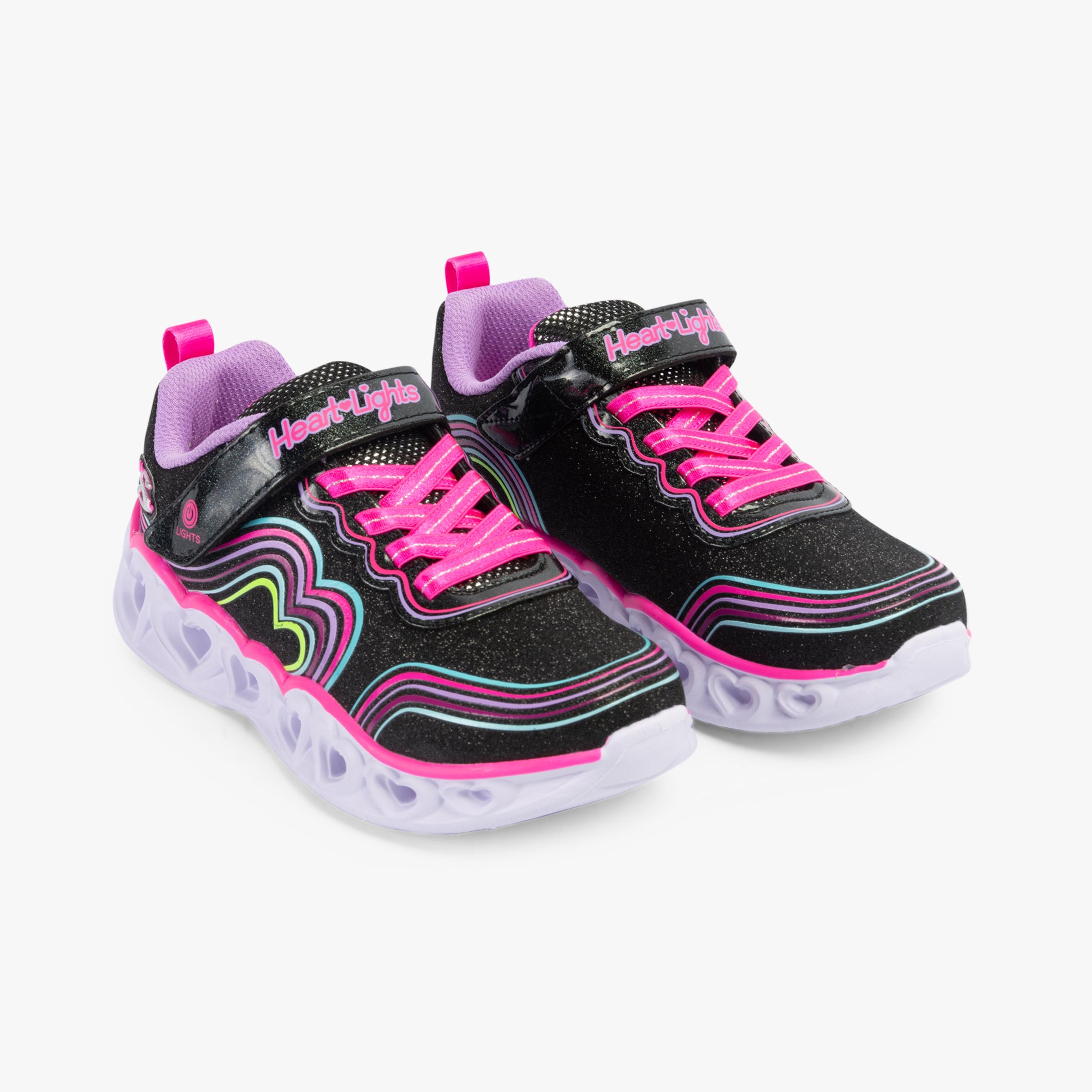 Skechers 302689L/BKMT HEART LIGHTS - RETRO HEARTS Girls Trainers Black/Multi side view with pink and black design