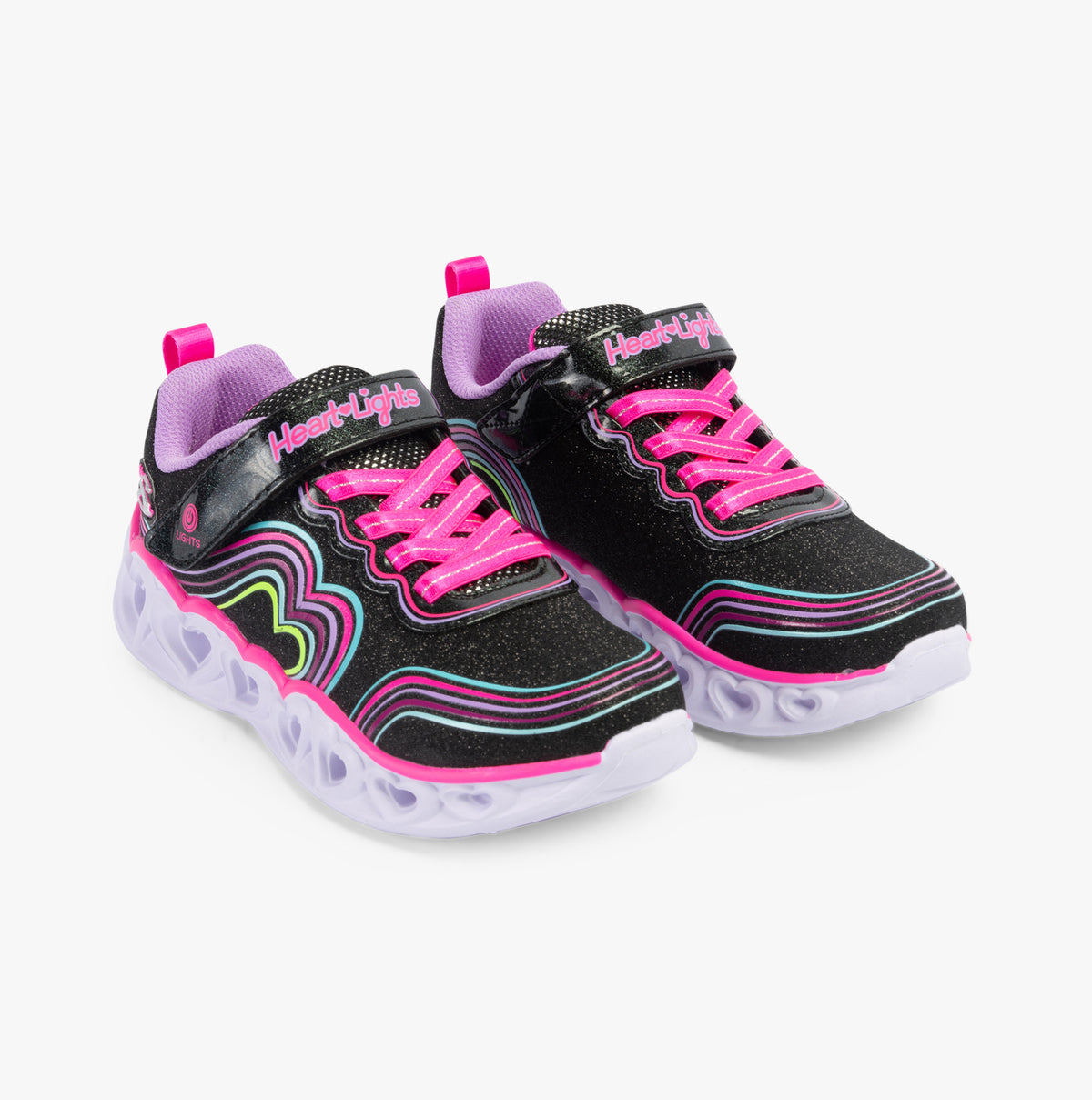 Skechers 302689L/BKMT HEART LIGHTS - RETRO HEARTS Girls Trainers Black/Multi side view with pink and black design