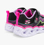 Skechers 302689L/BKMT HEART LIGHTS - RETRO HEARTS Girls Trainers Black/Multi back view with colorful light-up sole.