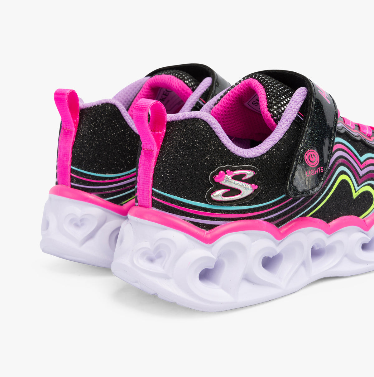 Skechers 302689L/BKMT HEART LIGHTS - RETRO HEARTS Girls Trainers Black/Multi back view with colorful light-up sole.