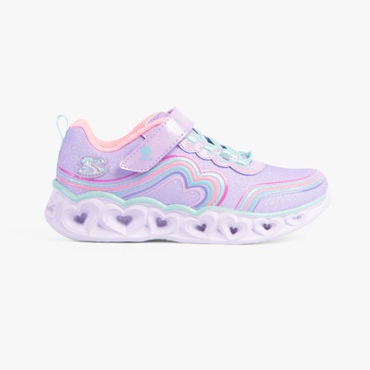 Skechers 302689L/LVMT HEART LIGHTS - RETRO HEARTS Girls Trainers Lavender/Multi side view with sparkling finish and heart details.