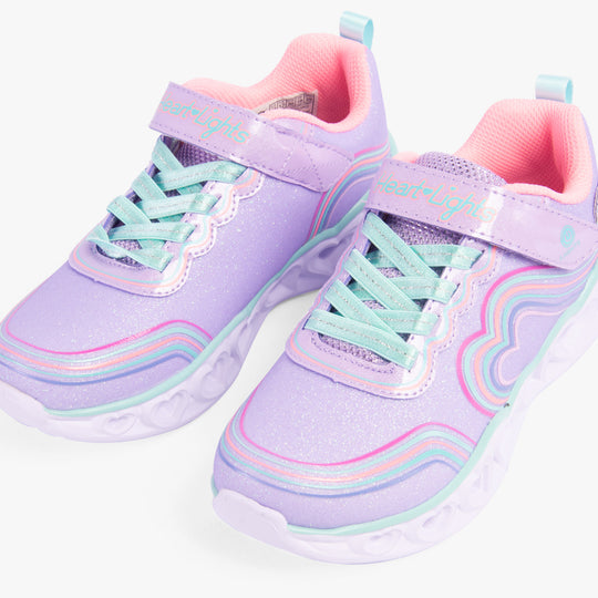 Skechers 302689L/LVMT HEART LIGHTS - RETRO HEARTS Girls Trainers Lavender/Multi front view with glitter finish and pastel colors.