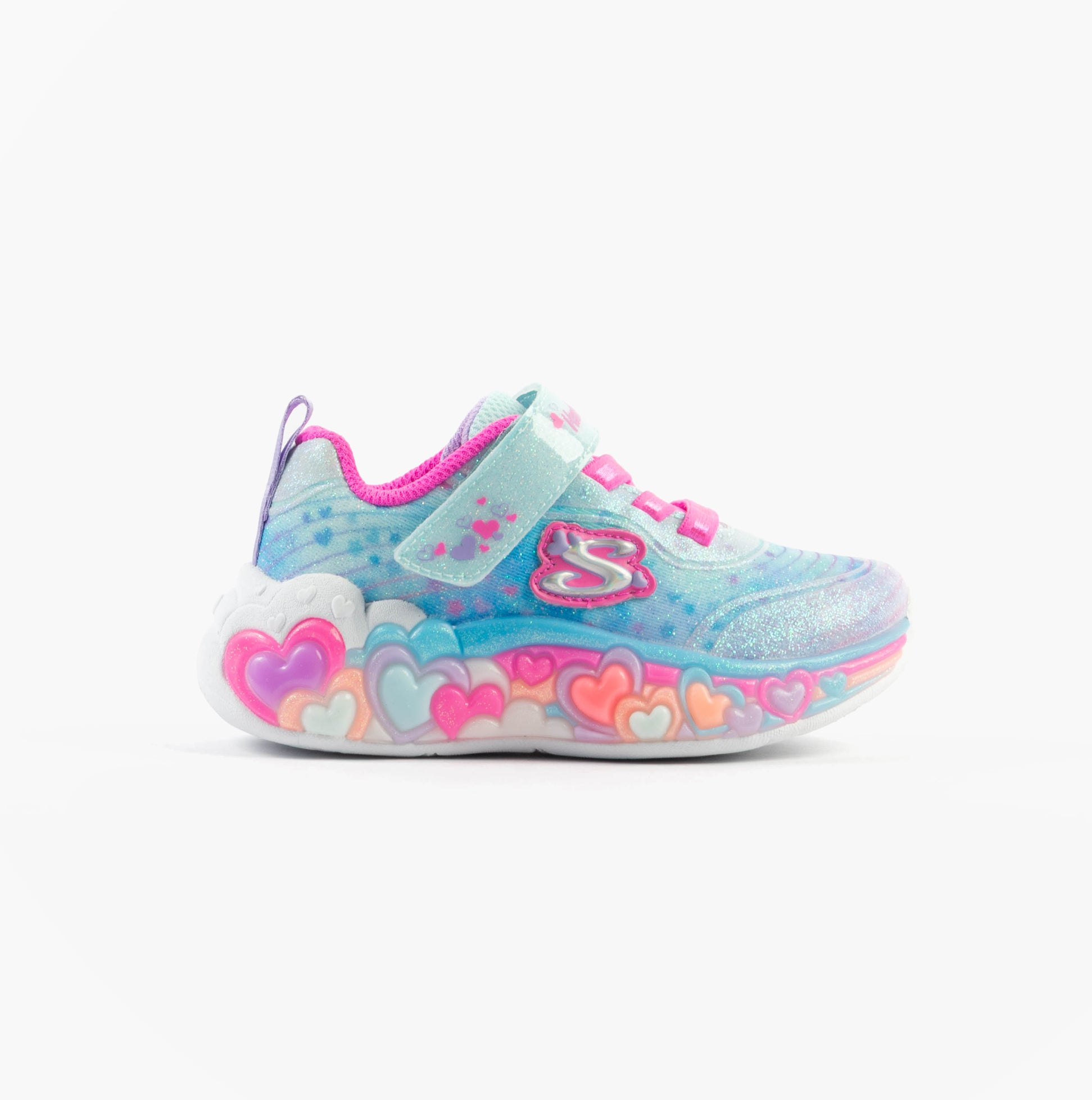 Skechers 302696N/LBMT S-LIGHTS: ETERNAL HEART LIGHTS Girls Trainers Light Blue/Multi side view with heart design accents.