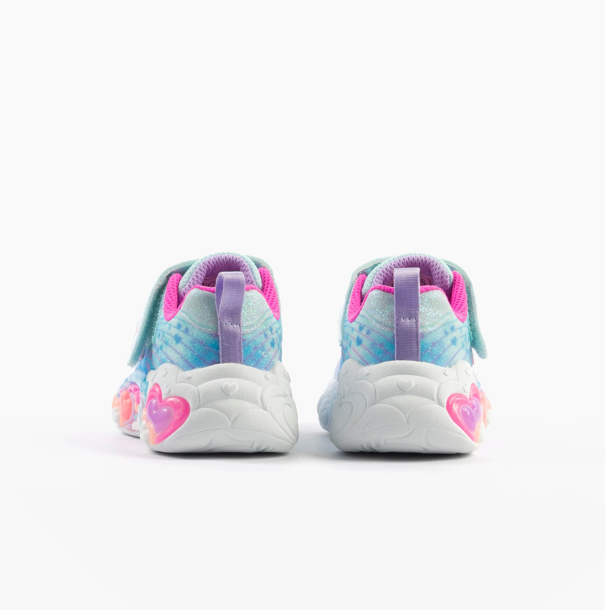 Skechers 302696N/LBMT S-LIGHTS: ETERNAL HEART LIGHTS Girls Trainers Light Blue/Multi rear view showcasing heart-shaped lights.