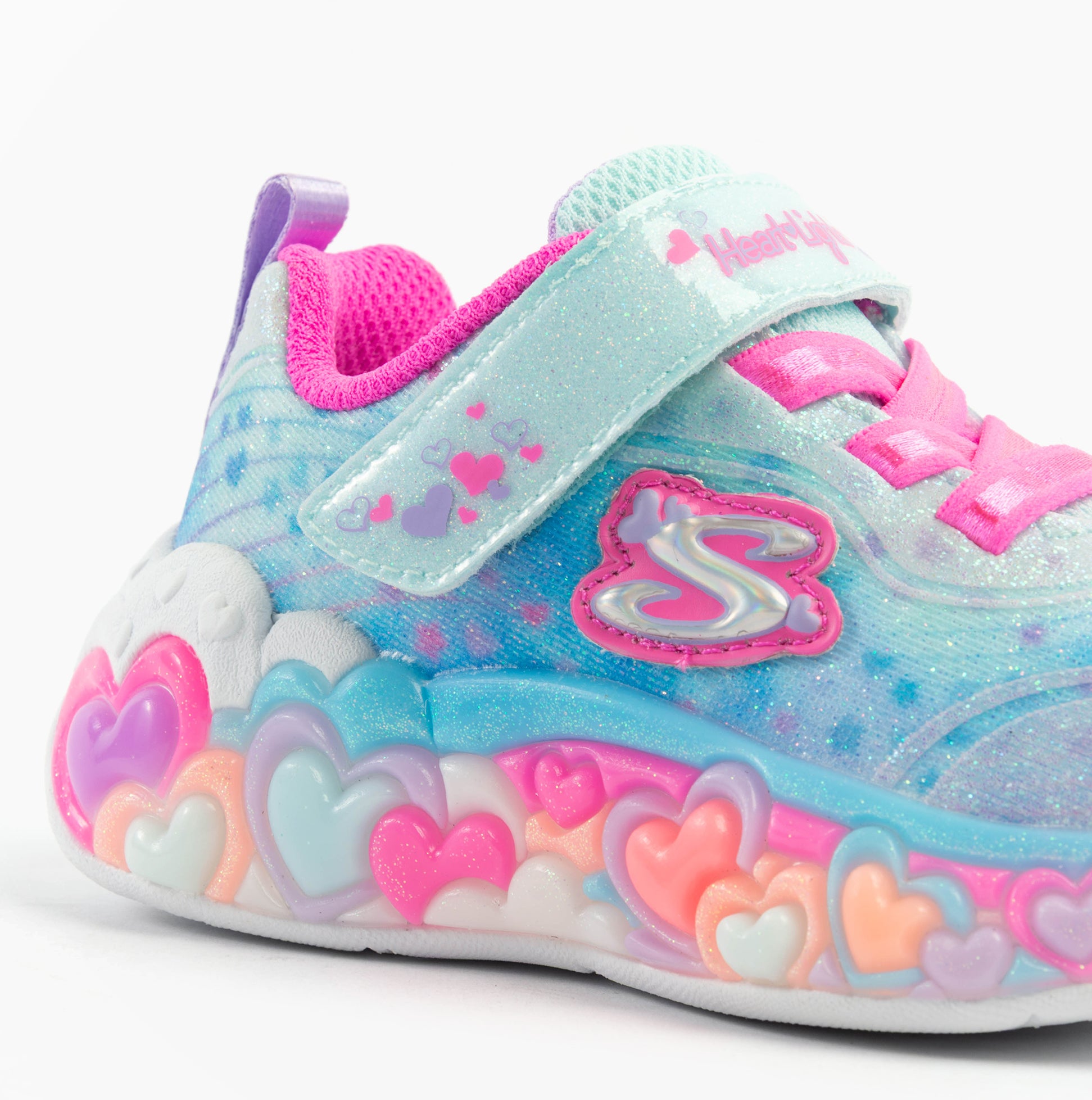 Skechers 302696N/LBMT S-LIGHTS: ETERNAL HEART LIGHTS Girls Trainers Light Blue/Multi side view showcasing heart details.