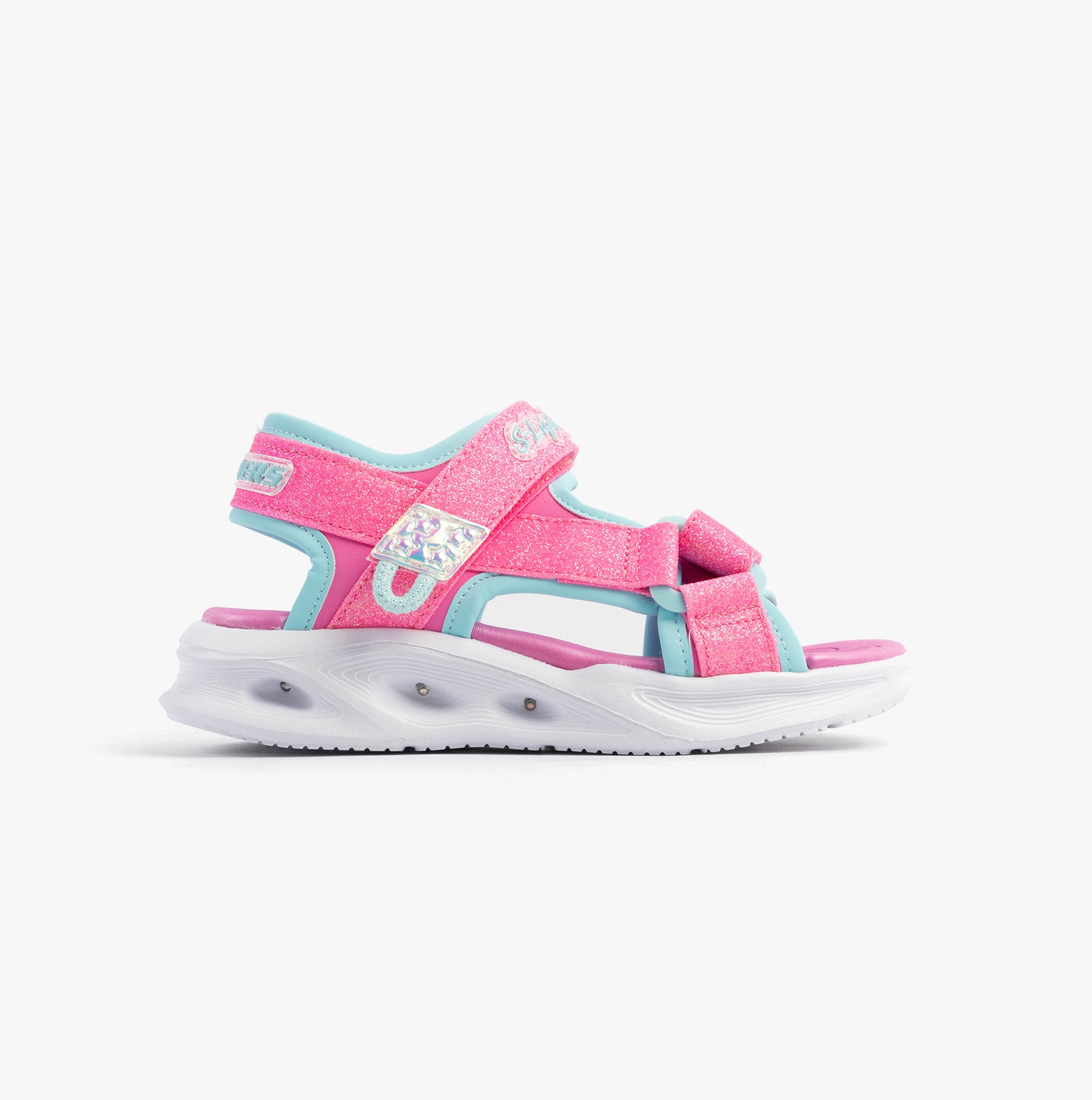 Skechers 303024L/HPAQ S-LIGHTS: SOLA GLOW Girls Sandals Hot Pink/Aqua side view showing the synthetic upper and light-up features.
