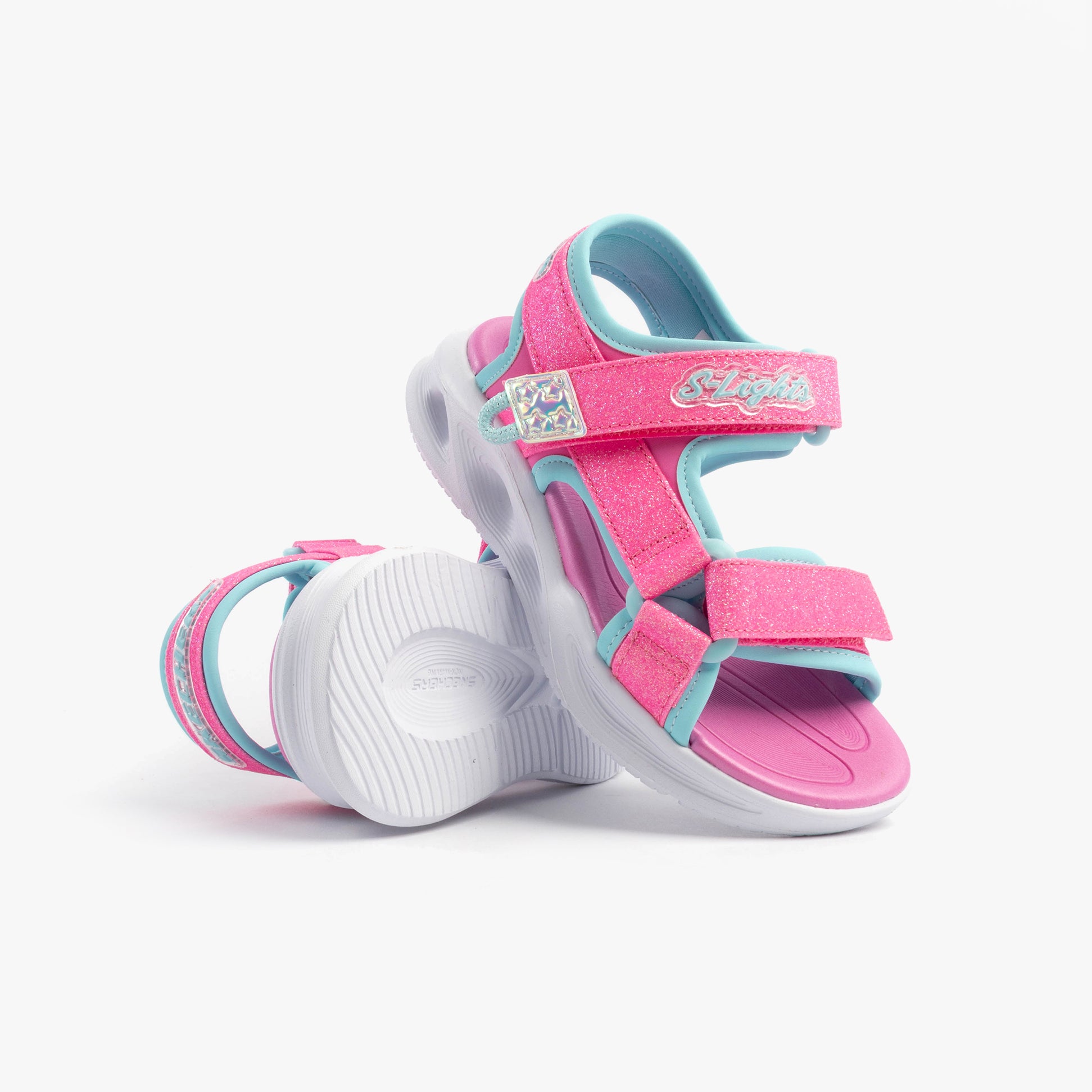 Skechers 303024L/HPAQ S-LIGHTS: SOLA GLOW Girls Sandals Hot Pink/Aqua side view showing synthetic upper and rubber sole.