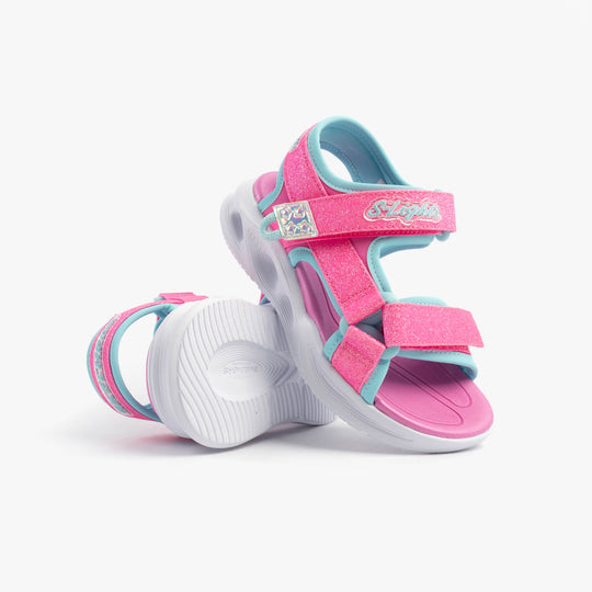 Skechers 303024L/HPAQ S-LIGHTS: SOLA GLOW Girls Sandals Hot Pink/Aqua side view showing synthetic upper and rubber sole.