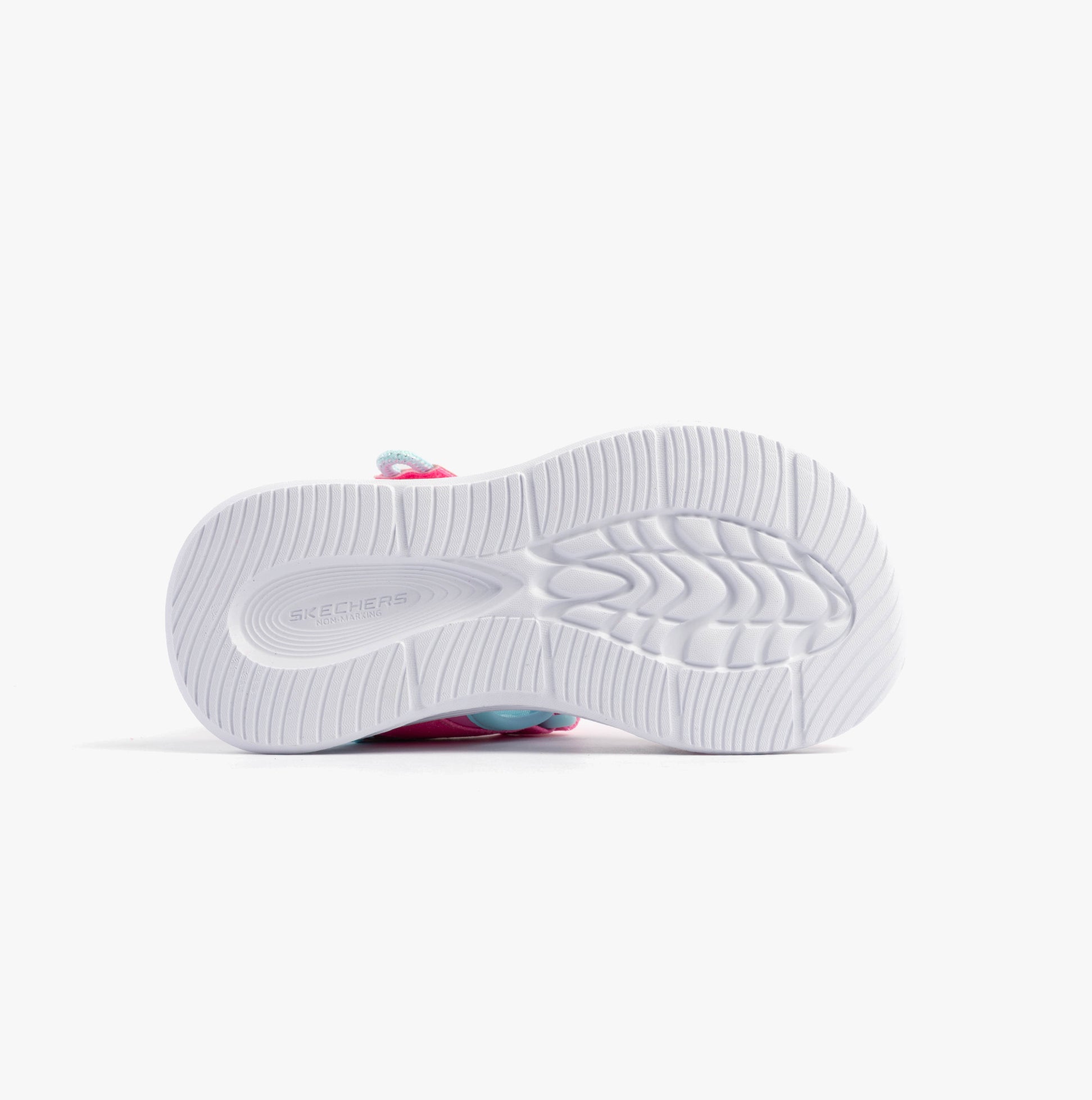 Skechers 303024L/HPAQ S-LIGHTS: SOLA GLOW Girls Sandals Hot Pink/Aqua bottom view showcasing rubber sole design.
