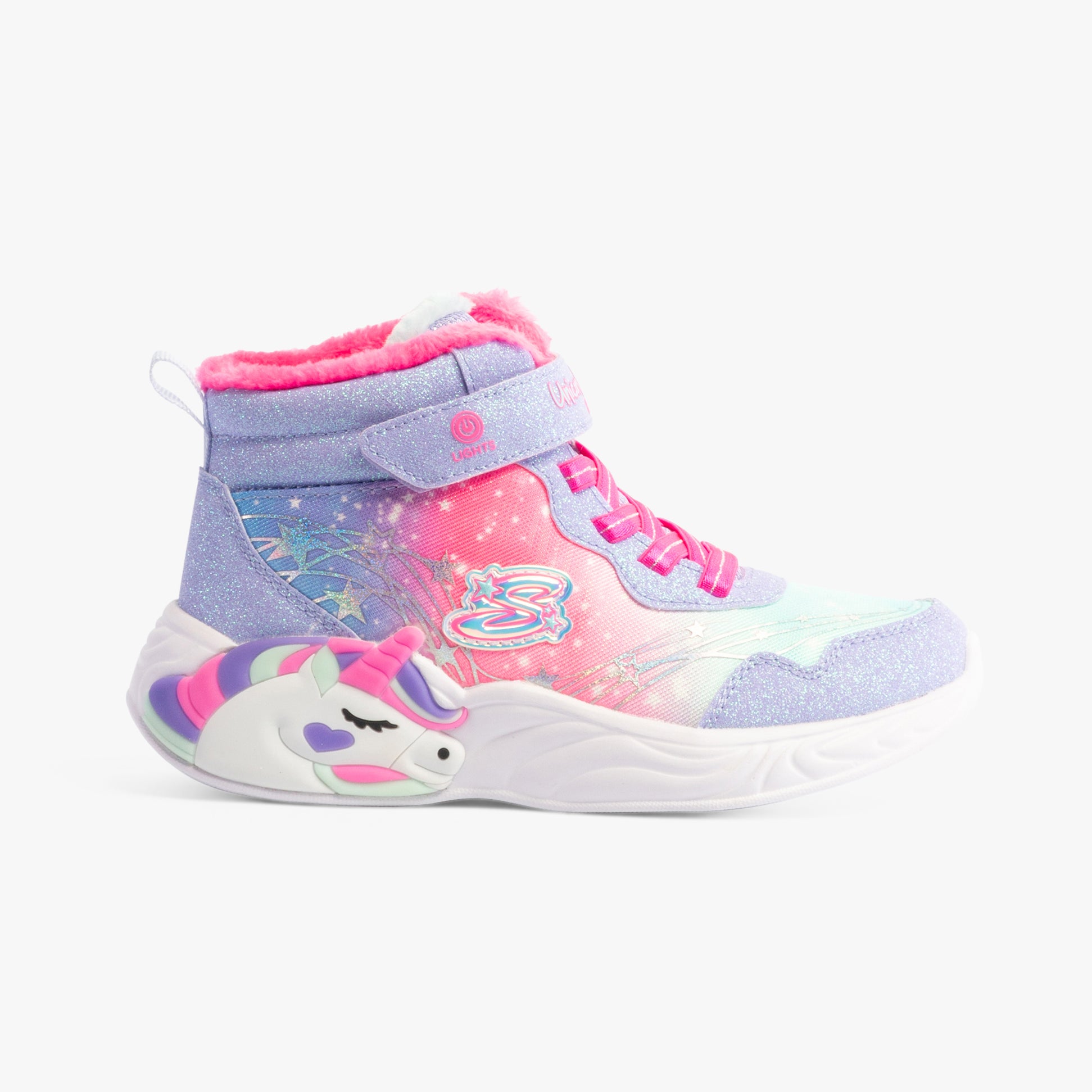 Skechers 303057L/LVHP UNICORN DREAMS - MAGICAL COVE Girls Trainers Lavender/Hot Pink side view with unicorn design.